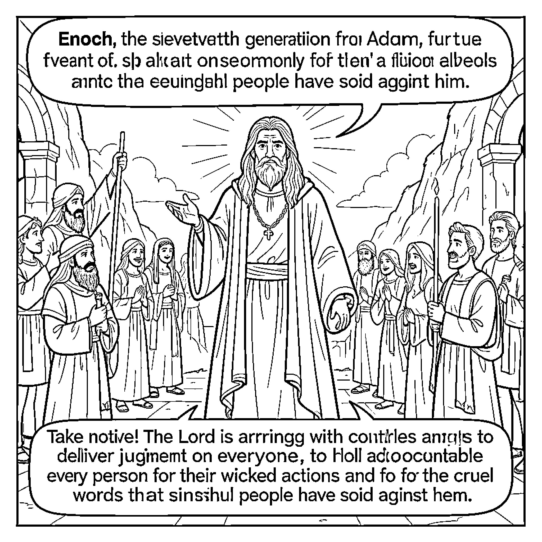 Enoch preaching to a gathering of people Coloring Page (free black-and-white line drawing printable PDF for all, from beginners to advanced learners, including children, teens, adults, and seniors)