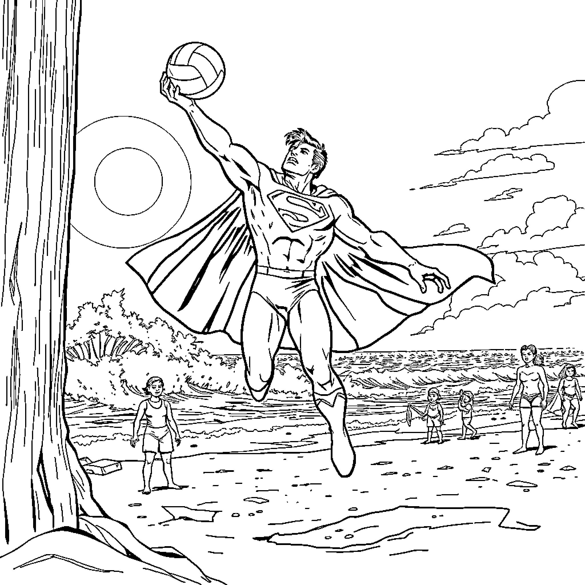 Superman Soaring Through the Sky with Volleyball Coloring Page (free black-and-white line drawing printable PDF for all, from beginners to advanced learners, including children, teens, adults, and seniors)