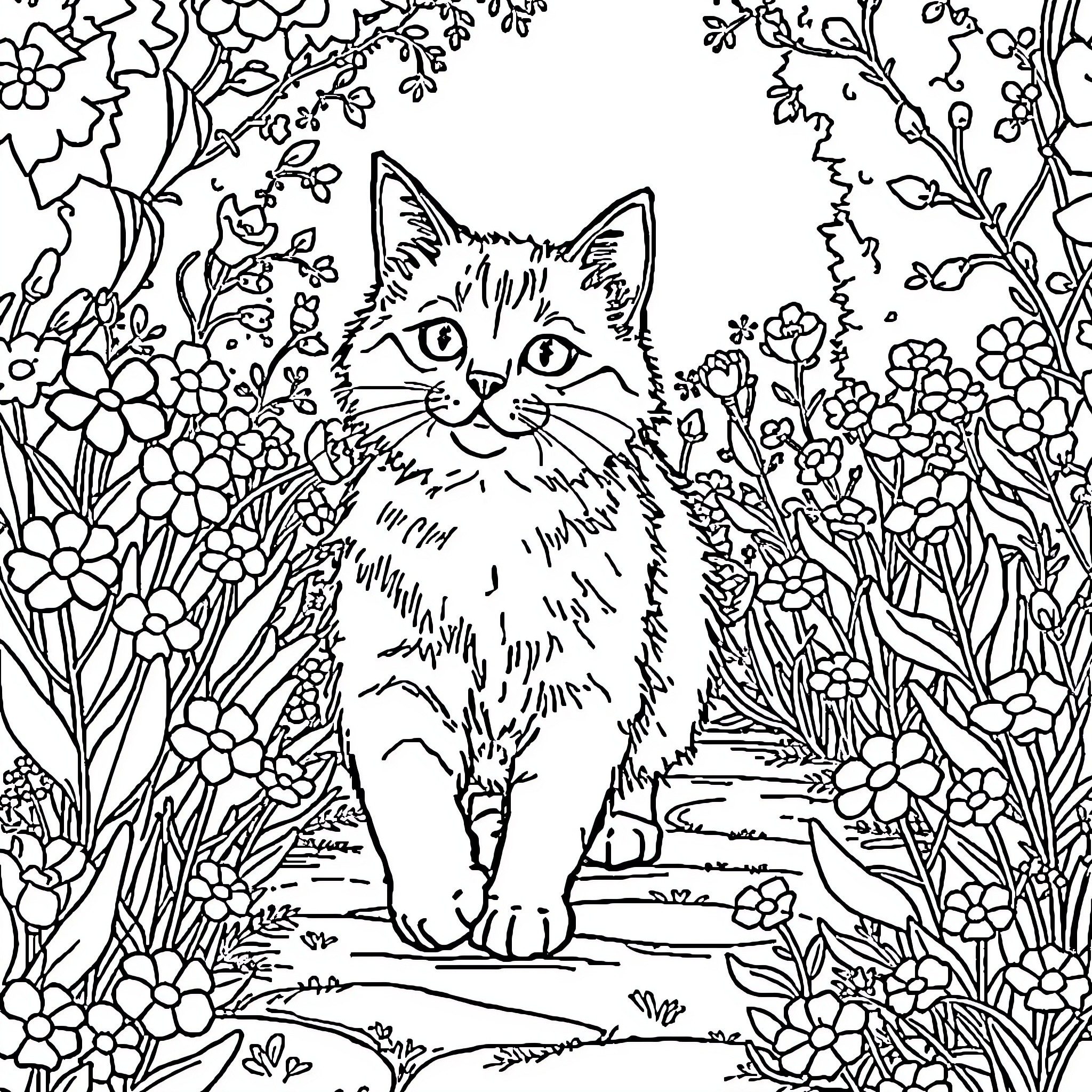 Cat among floral patterns Coloring Page (free black-and-white line drawing printable PDF for all, from beginners to advanced learners, including children, teens, adults, and seniors)