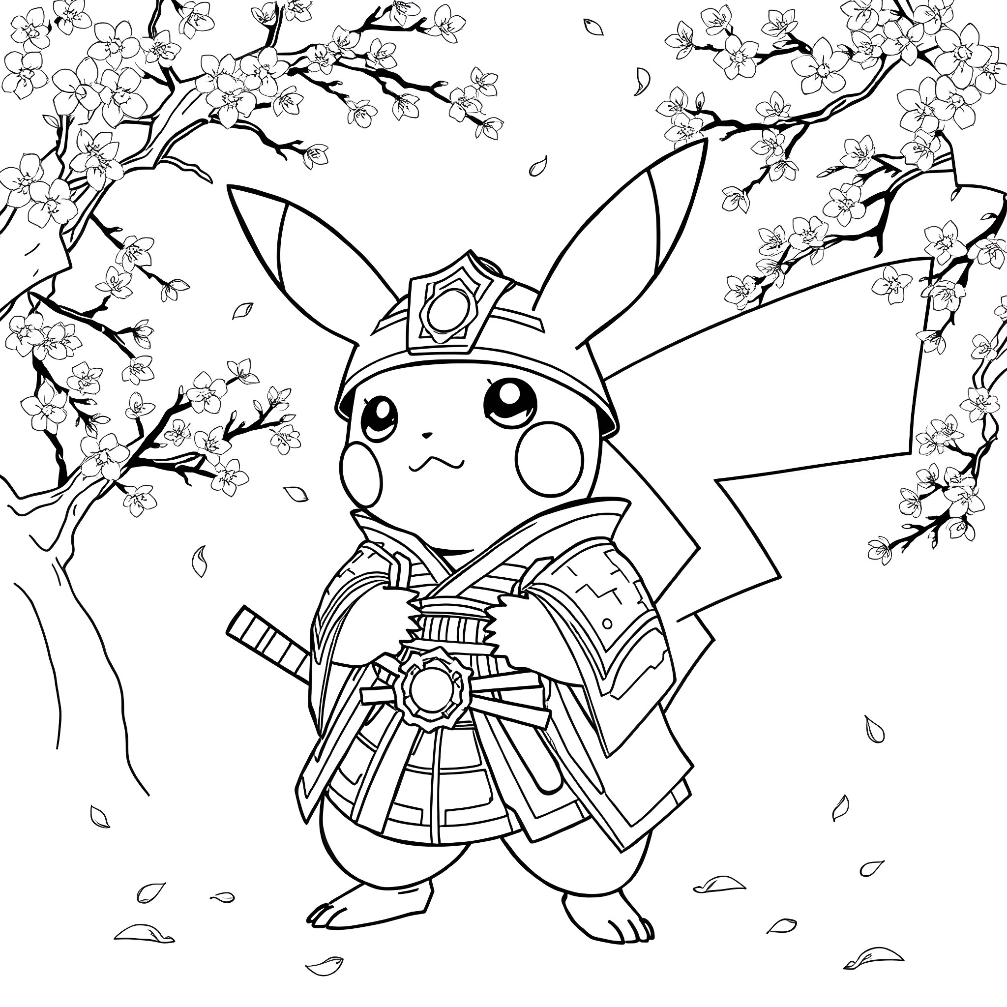 Pikachu dressed in traditional Japanese outfit among cherry blossoms Coloring Page (free black-and-white line drawing printable PDF for all, from beginners to advanced learners, including children, teens, adults, and seniors)