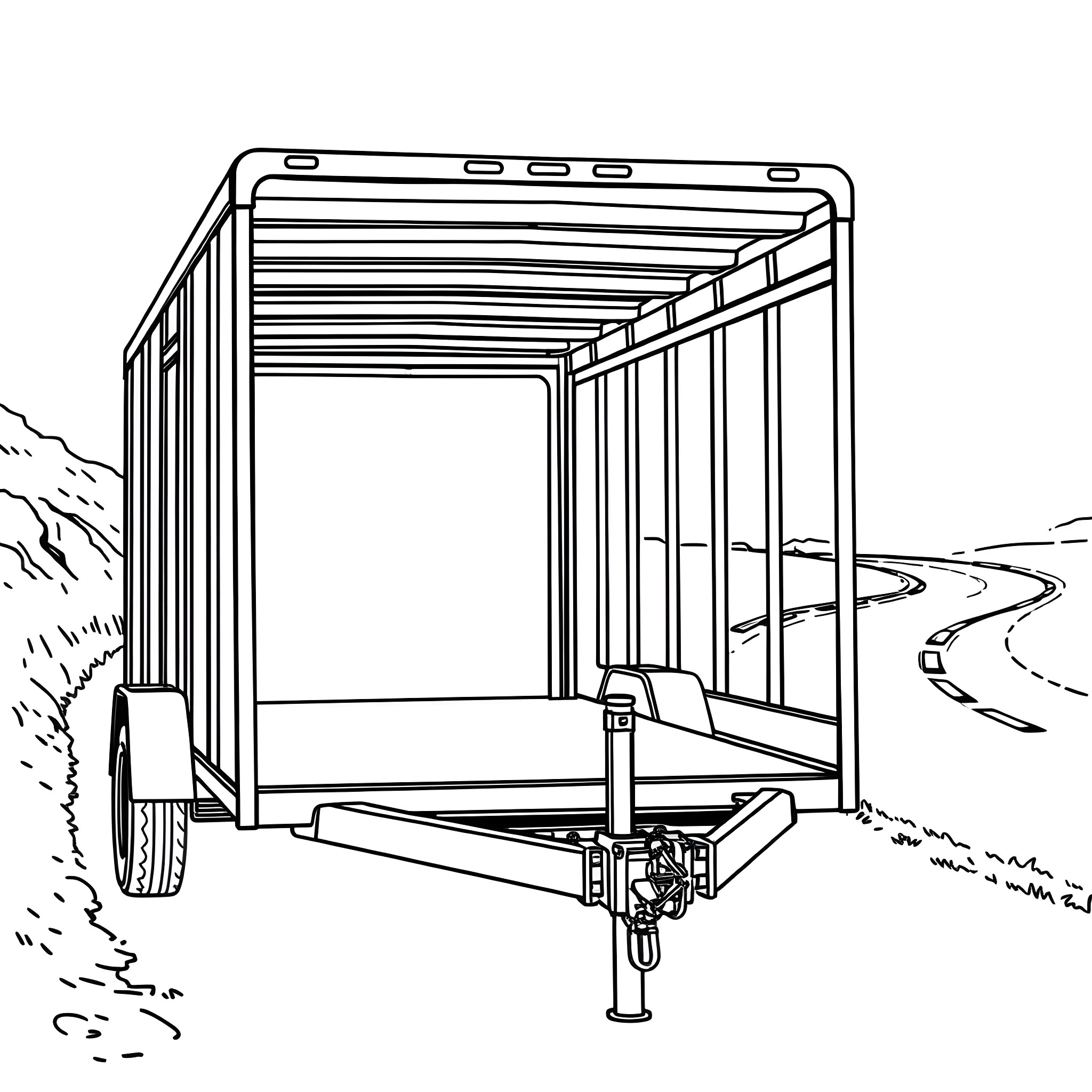 Car Trailer Transporting Goods in the Countryside Coloring Page (free black-and-white line drawing printable PDF for all, from beginners to advanced learners, including children, teens, adults, and seniors)