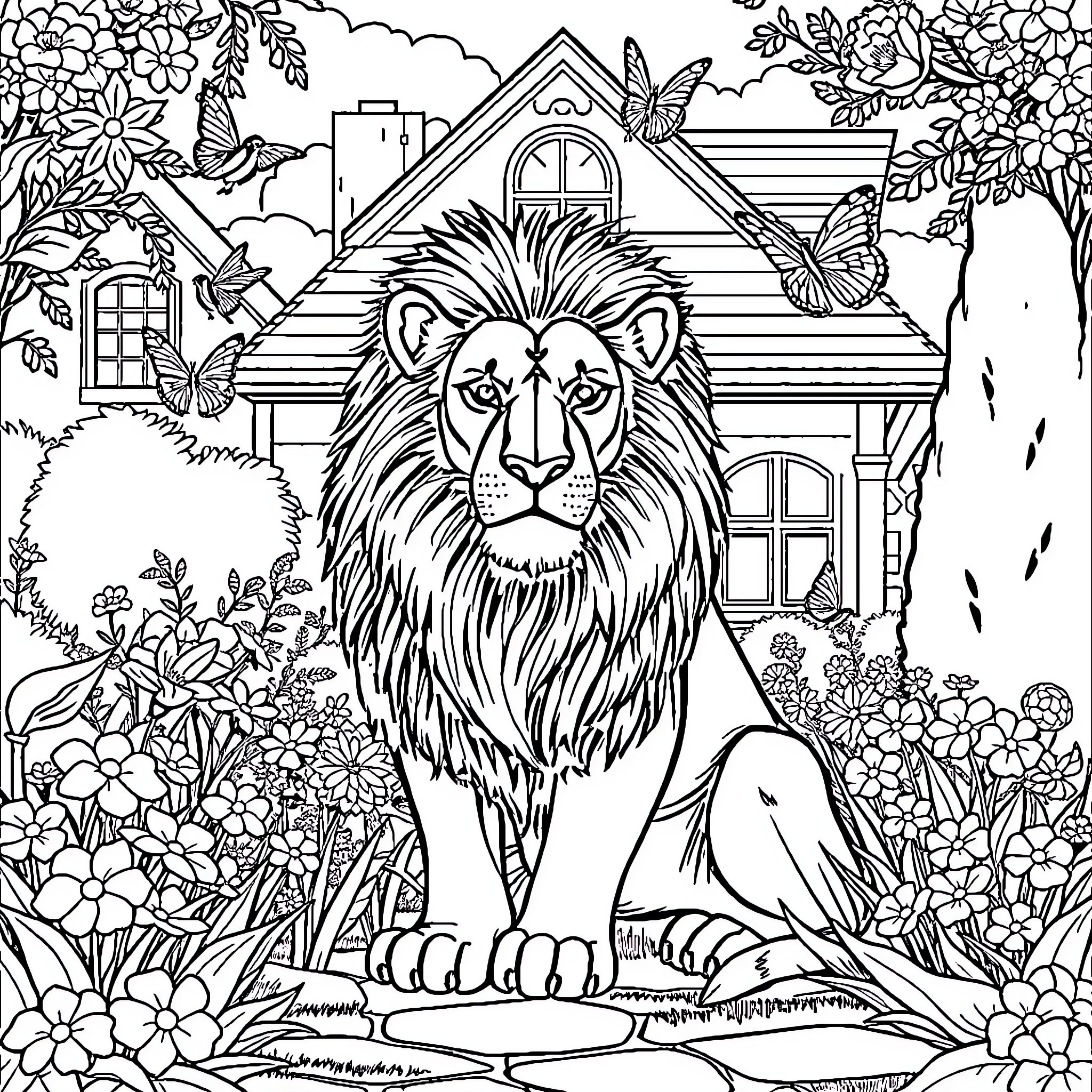 Lion Guarding a Charming Cottage in a Lush Garden Coloring Page (free black-and-white line drawing printable PDF for all, from beginners to advanced learners, including children, teens, adults, and seniors)