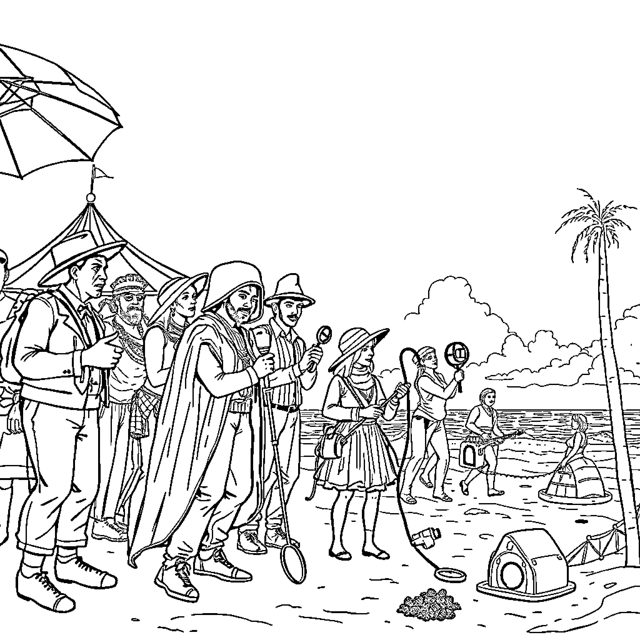 Circus performers on a tropical beach Coloring Page (free black-and-white line drawing printable PDF for all, from beginners to advanced learners, including children, teens, adults, and seniors)