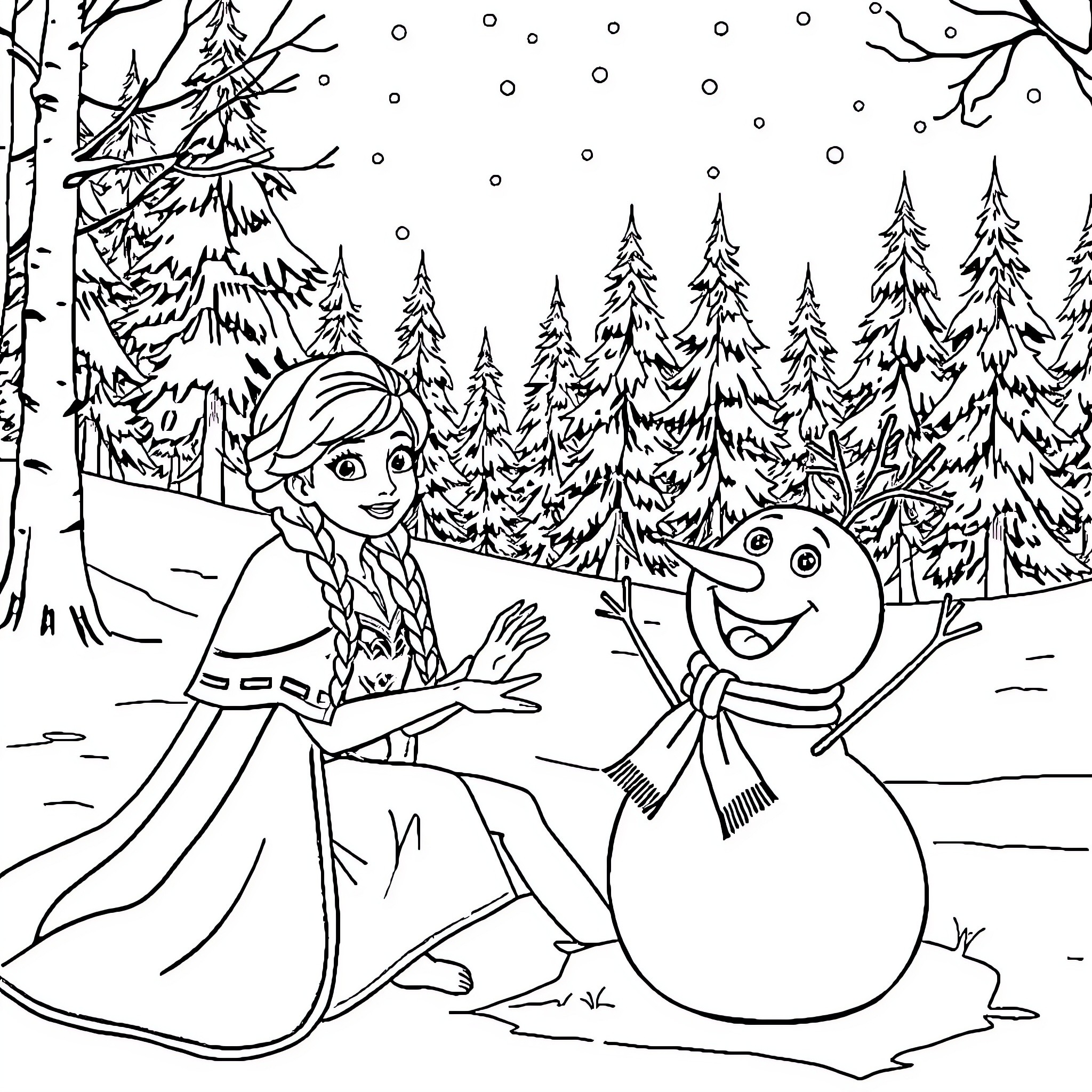 Anna and Elsa build a joyful snowman in the winter wonderland Coloring Page (free black-and-white line drawing printable PDF for all, from beginners to advanced learners, including children, teens, adults, and seniors)