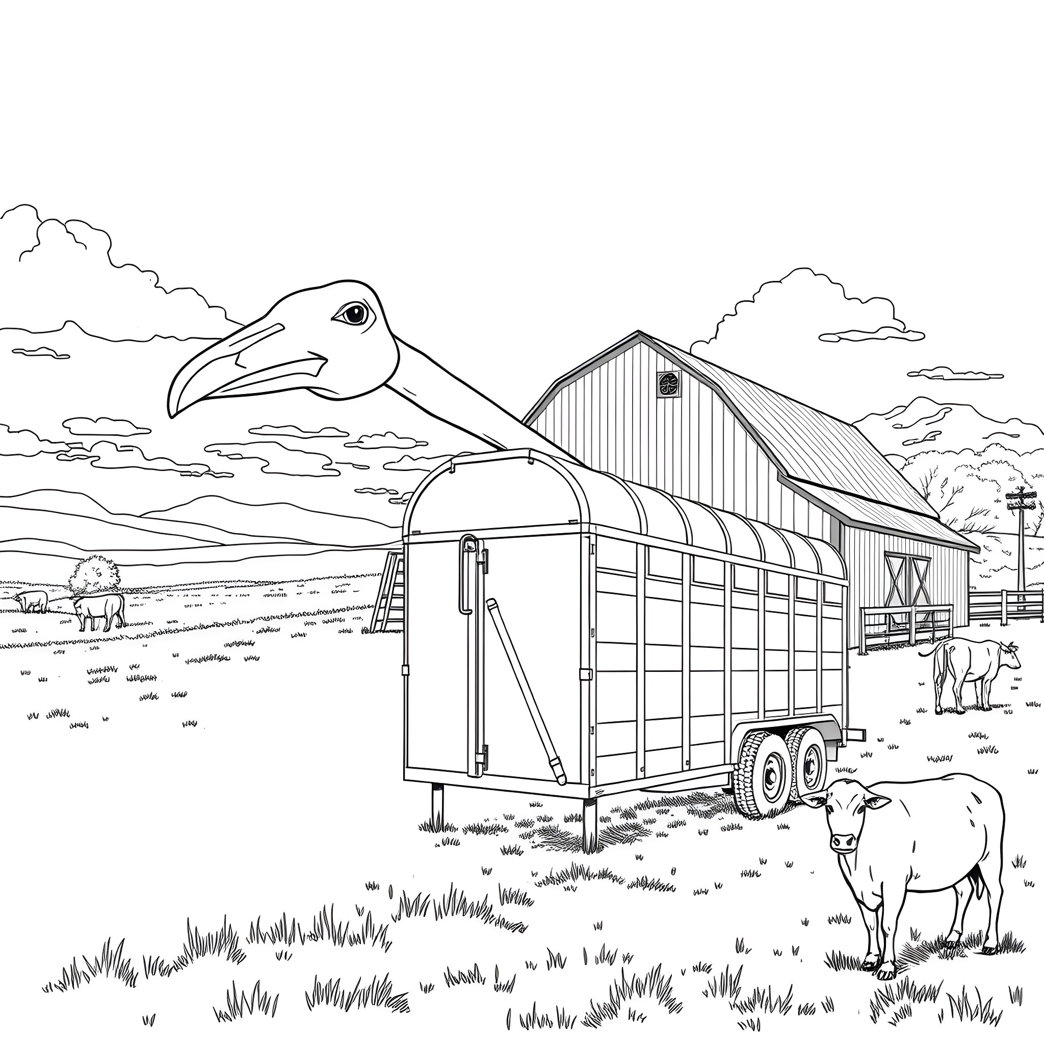 Gooseneck Trailer with Farmhouse and Animals Coloring Page (free black-and-white line drawing printable PDF for all, from beginners to advanced learners, including children, teens, adults, and seniors)