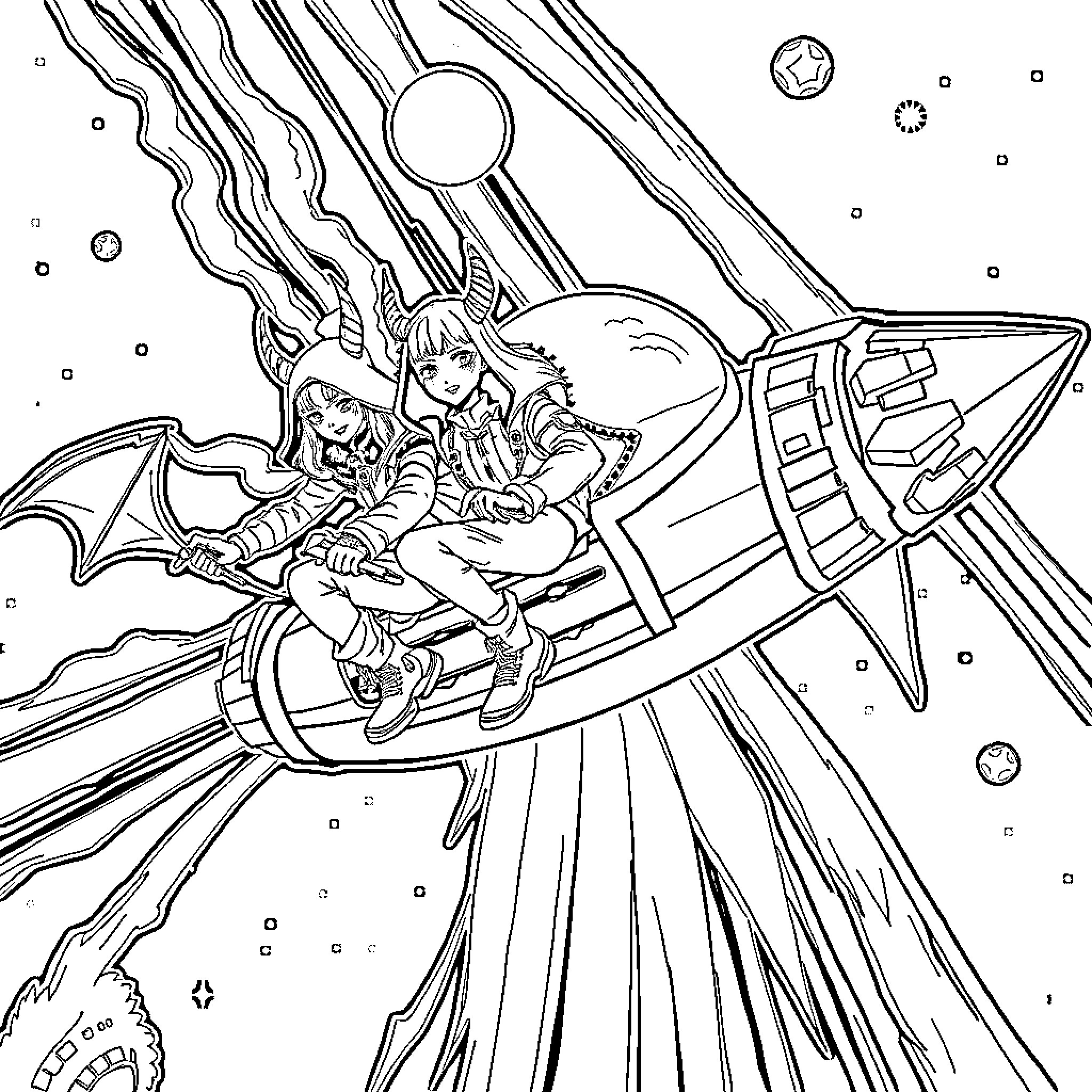 Demon Hunter riding a spacecraft in the cosmos Coloring Page (free black-and-white line drawing printable PDF for all, from beginners to advanced learners, including children, teens, adults, and seniors)