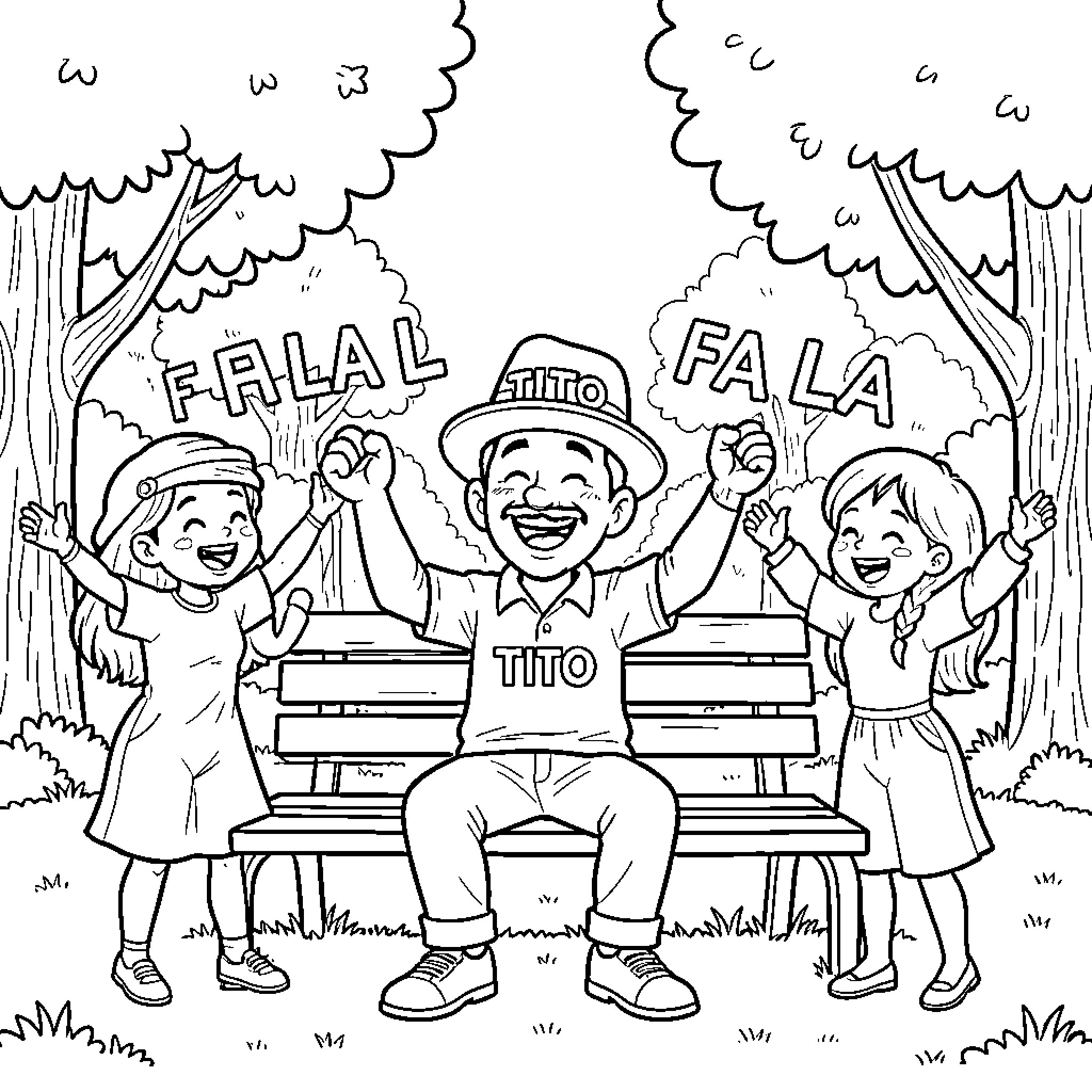 Tito's Festive Celebration with Friends Coloring Page (free black-and-white line drawing printable PDF for all, from beginners to advanced learners, including children, teens, adults, and seniors)
