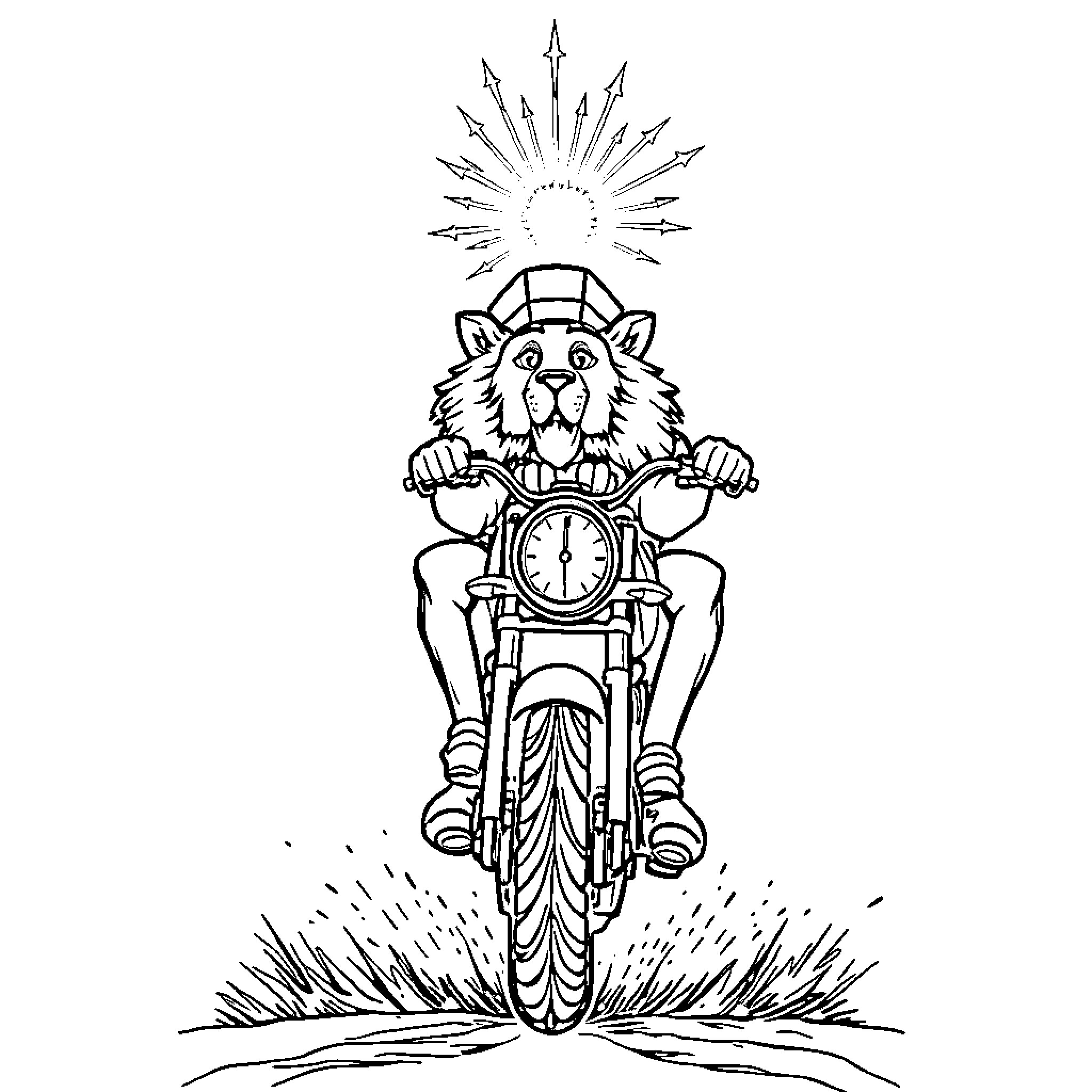 Homme Moto Riding Motorcycle with Sun Emblem Coloring Page (free black-and-white line drawing printable PDF for all, from beginners to advanced learners, including children, teens, adults, and seniors)