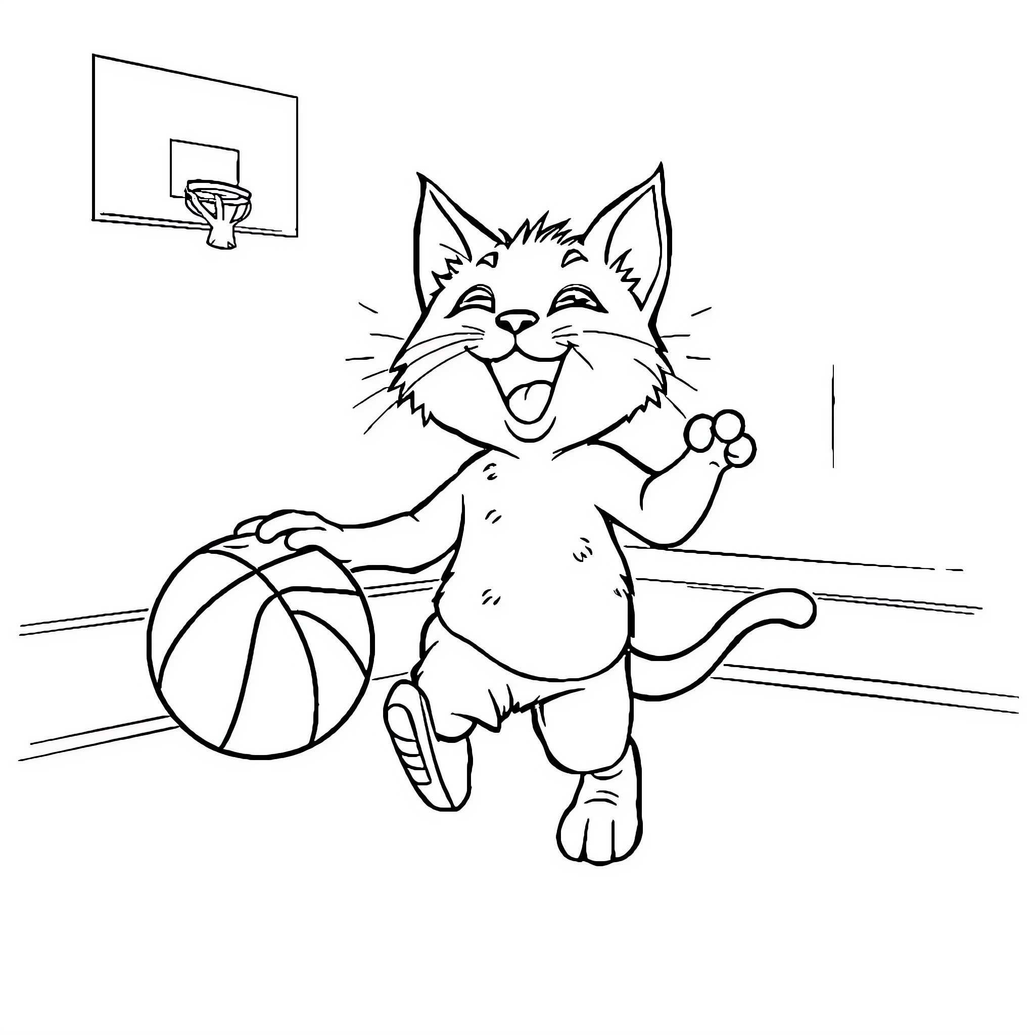 Cat playing with basketball on the court Coloring Page (free black-and-white line drawing printable PDF for all, from beginners to advanced learners, including children, teens, adults, and seniors)