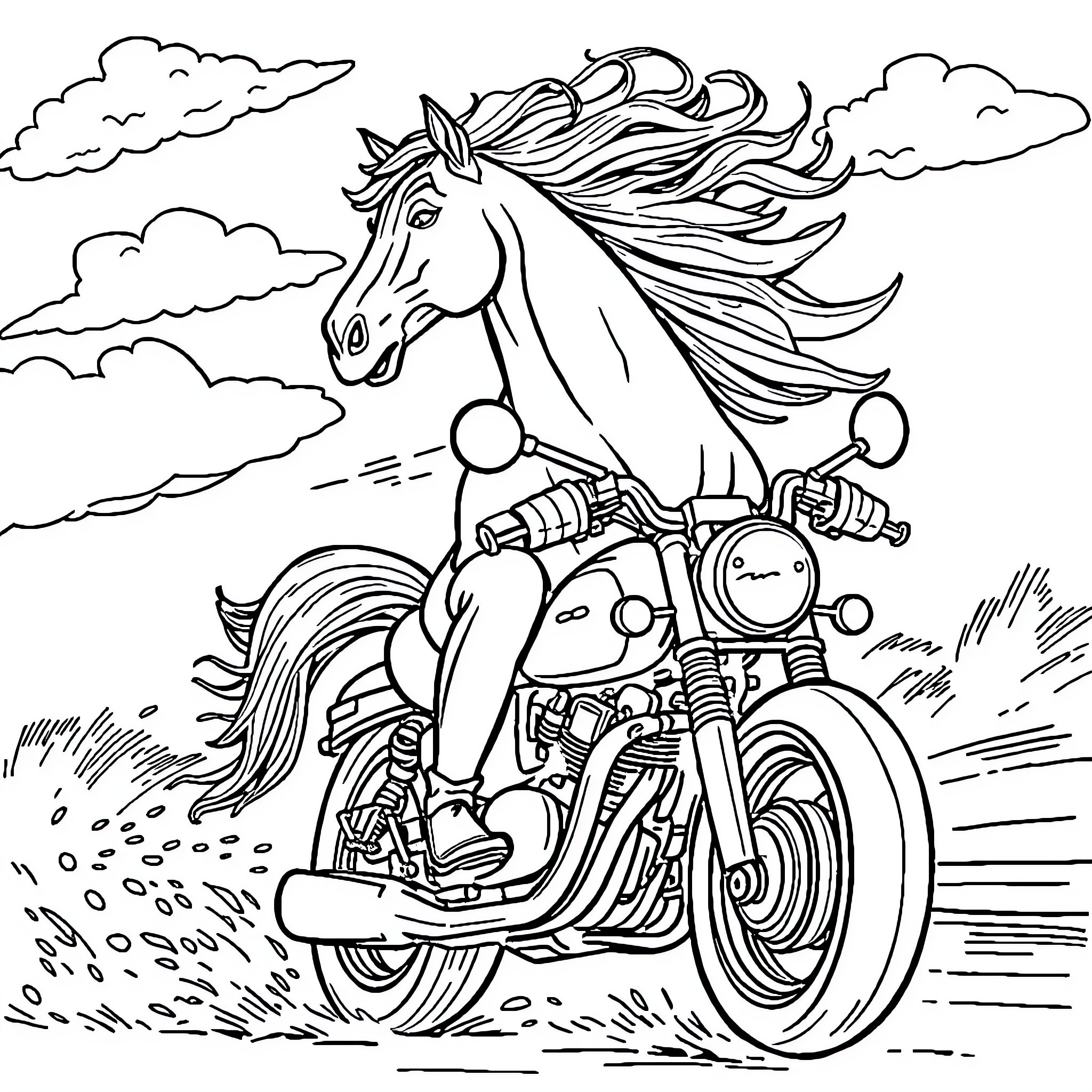 Horse riding a motorcycle in the countryside Coloring Page (free black-and-white line drawing printable PDF for all, from beginners to advanced learners, including children, teens, adults, and seniors)