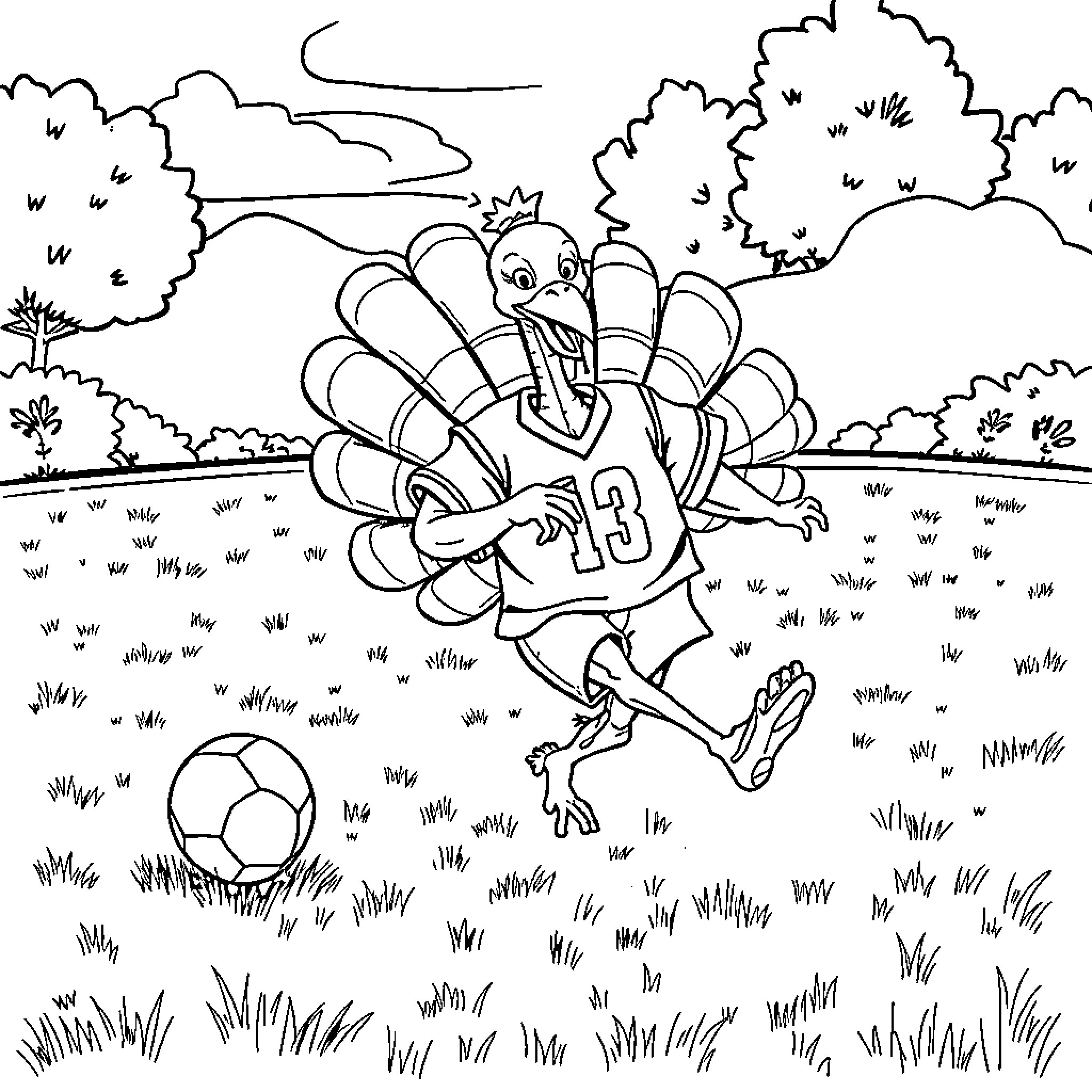 Turkey playing with soccer ball in the park Coloring Page (free black-and-white line drawing printable PDF for all, from beginners to advanced learners, including children, teens, adults, and seniors)