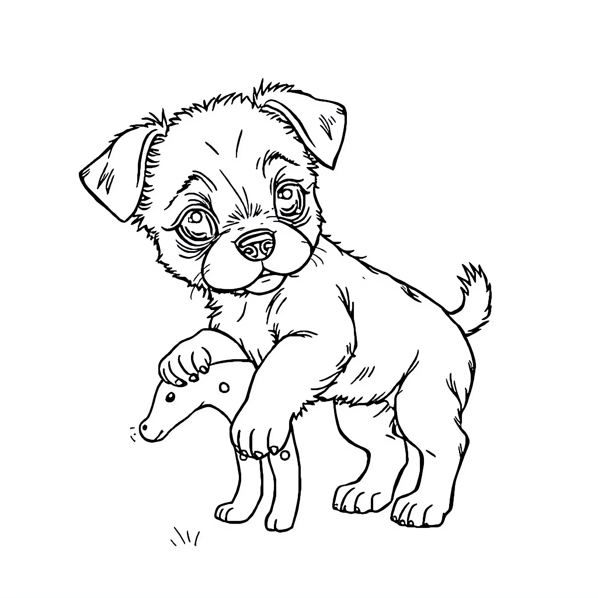 Dog chewing on toy happily Coloring Page (free black-and-white line drawing printable PDF for all, from beginners to advanced learners, including children, teens, adults, and seniors)
