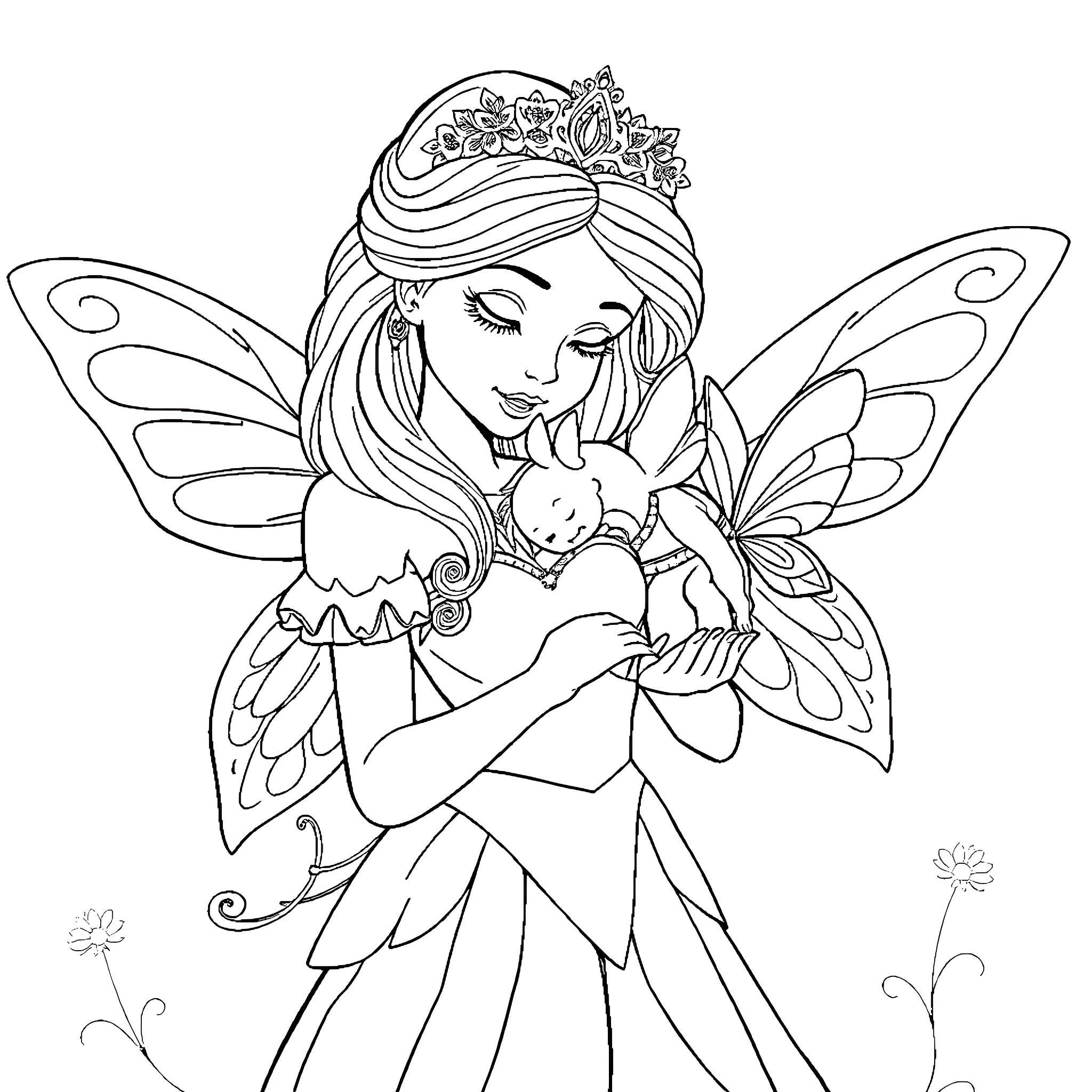 Fairy holding a baby fairy in a flower field Coloring Page (free black-and-white line drawing printable PDF for all, from beginners to advanced learners, including children, teens, adults, and seniors)