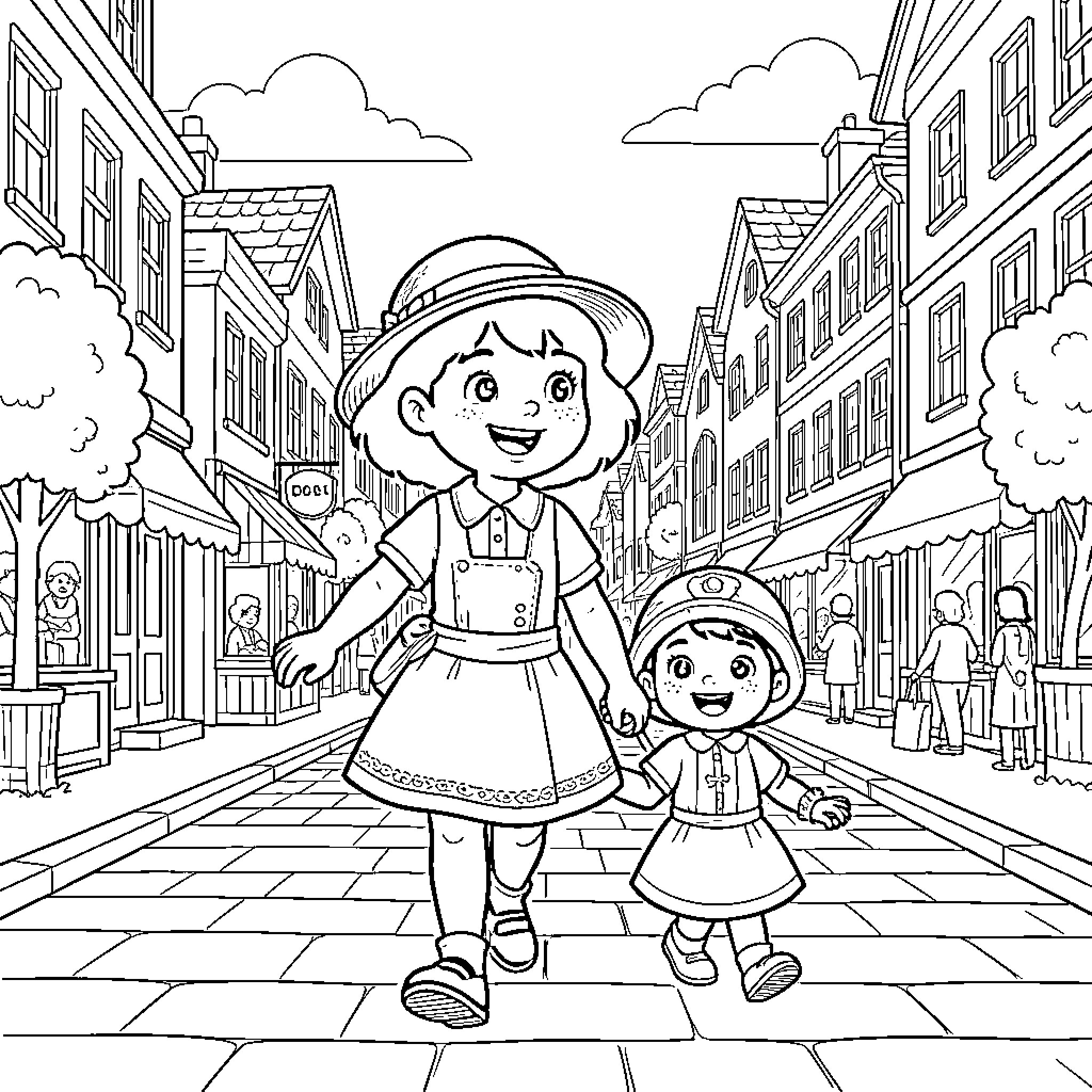Dora walking happily down a town street holding hands Coloring Page (free black-and-white line drawing printable PDF for all, from beginners to advanced learners, including children, teens, adults, and seniors)