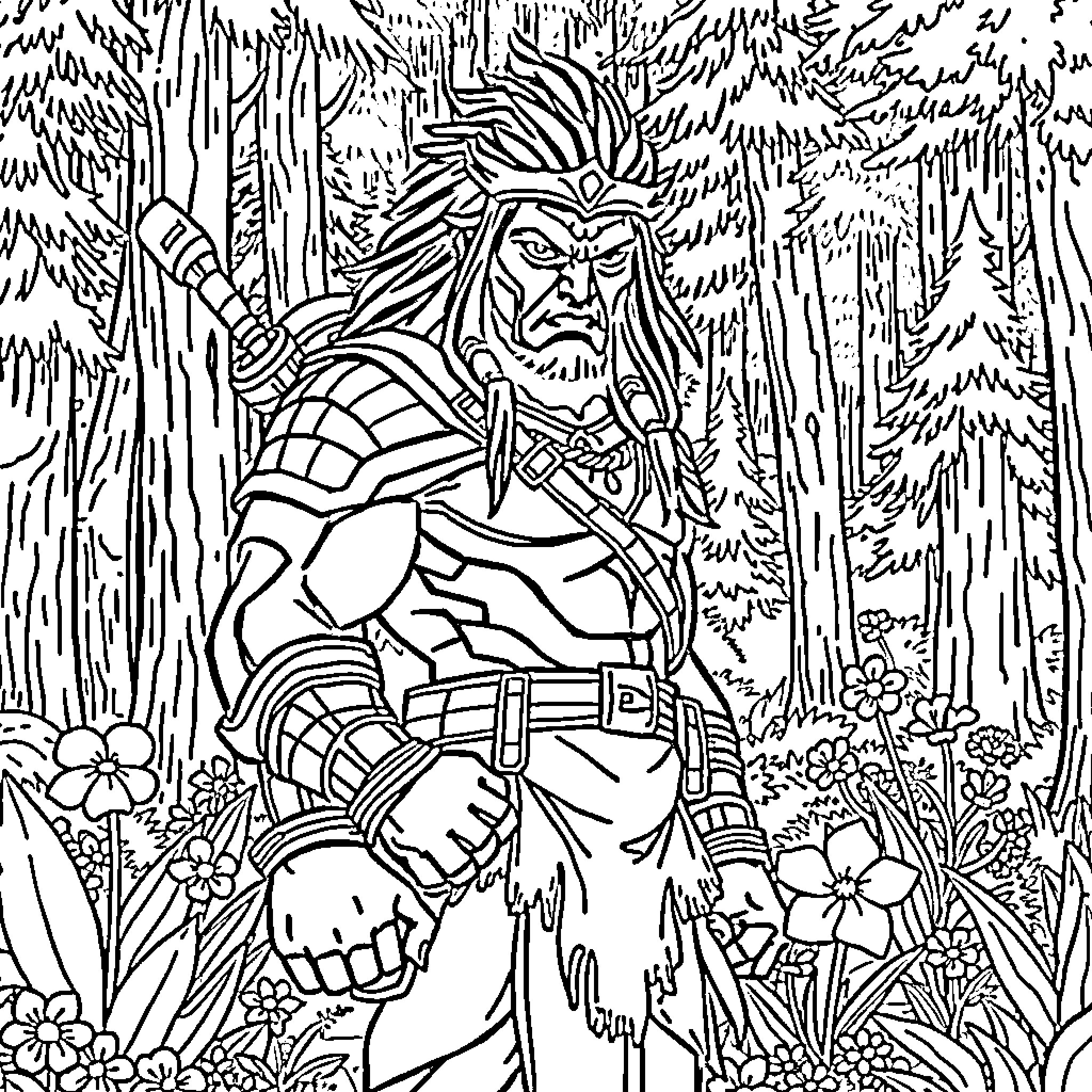 Kamora's Tribal Warrior in Mystical Forest Coloring Page (free black-and-white line drawing printable PDF for all, from beginners to advanced learners, including children, teens, adults, and seniors)