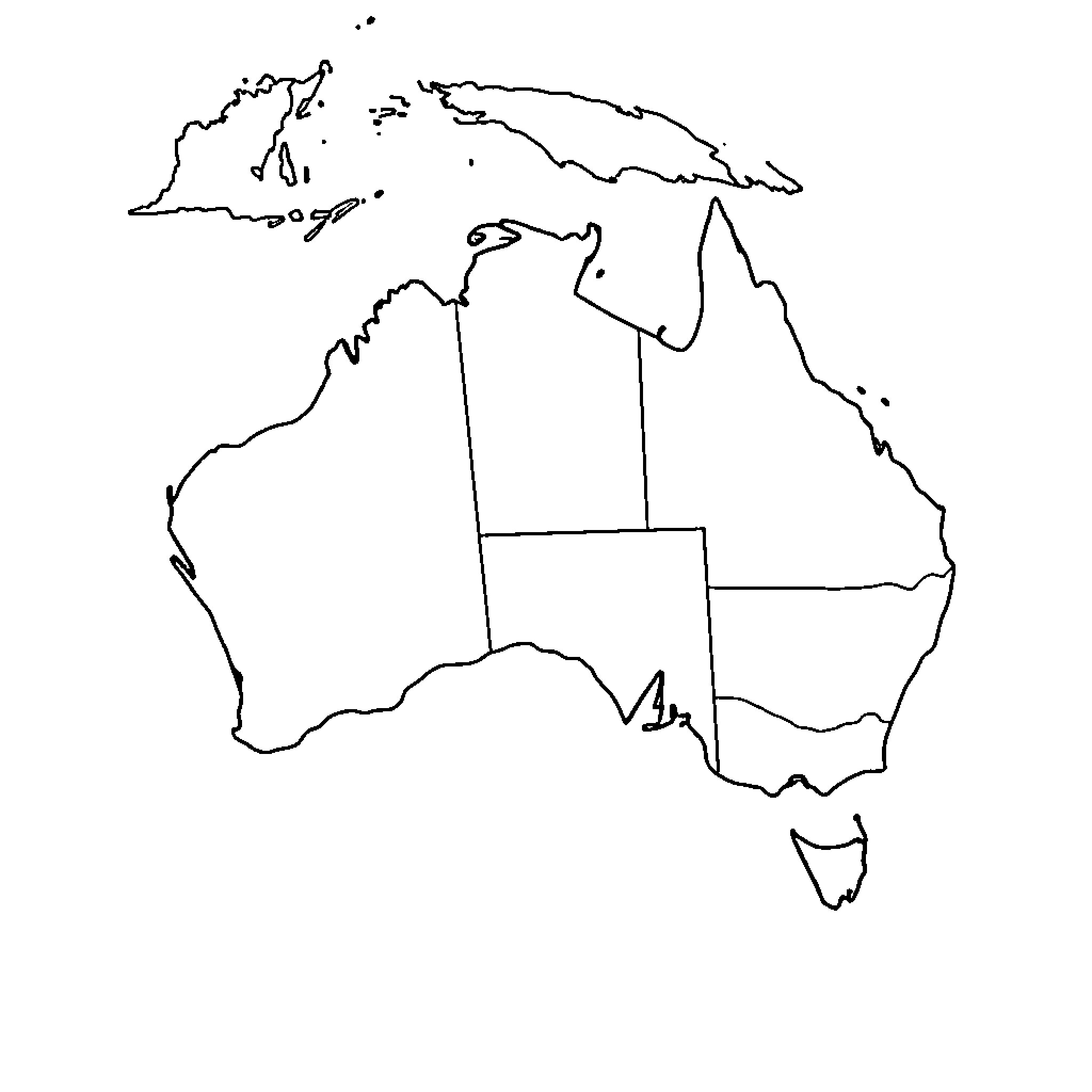 Map of the Australian continent Coloring Page (free black-and-white line drawing printable PDF for all, from beginners to advanced learners, including children, teens, adults, and seniors)