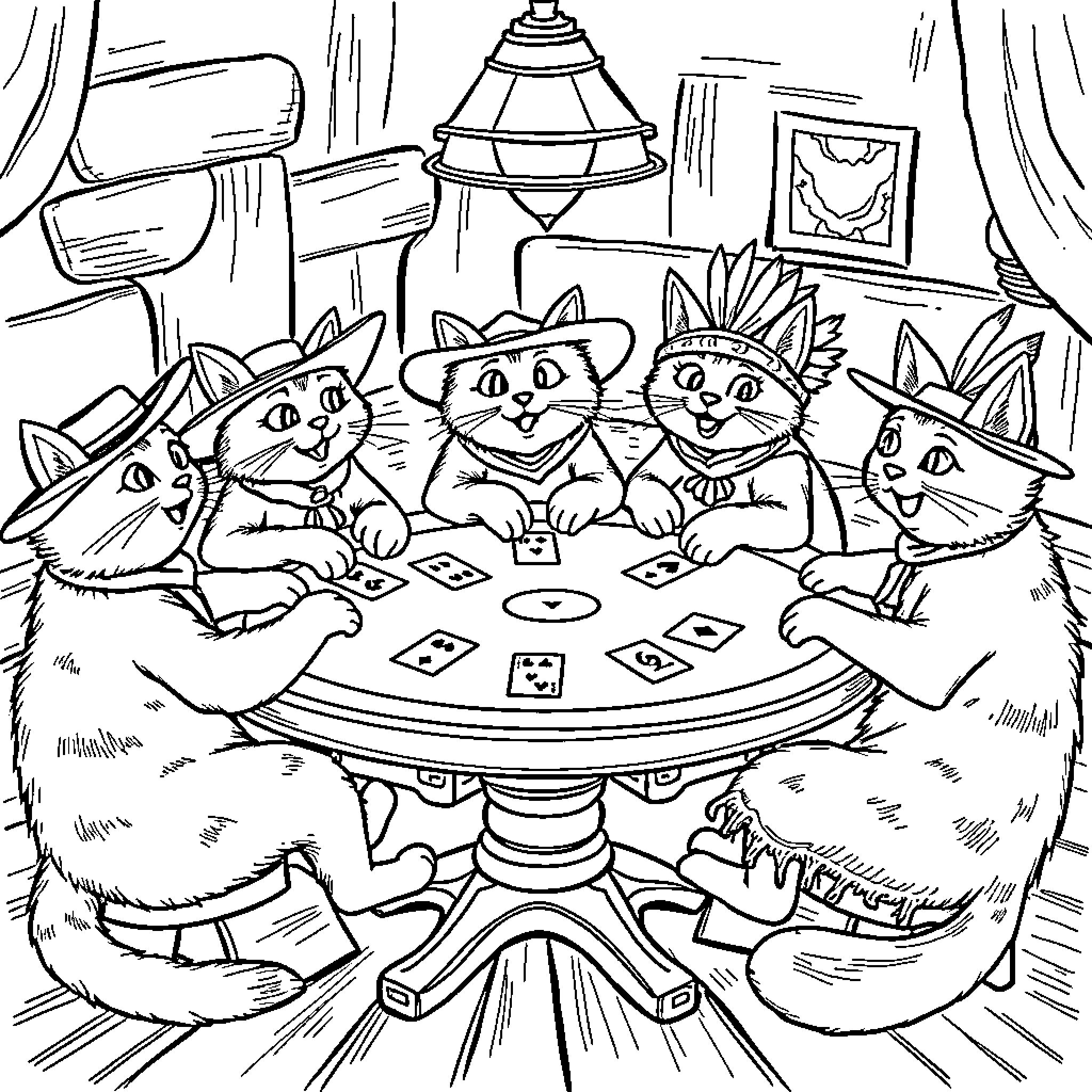 Cats Playing Card Games Together Coloring Page (free black-and-white line drawing printable PDF for all, from beginners to advanced learners, including children, teens, adults, and seniors)