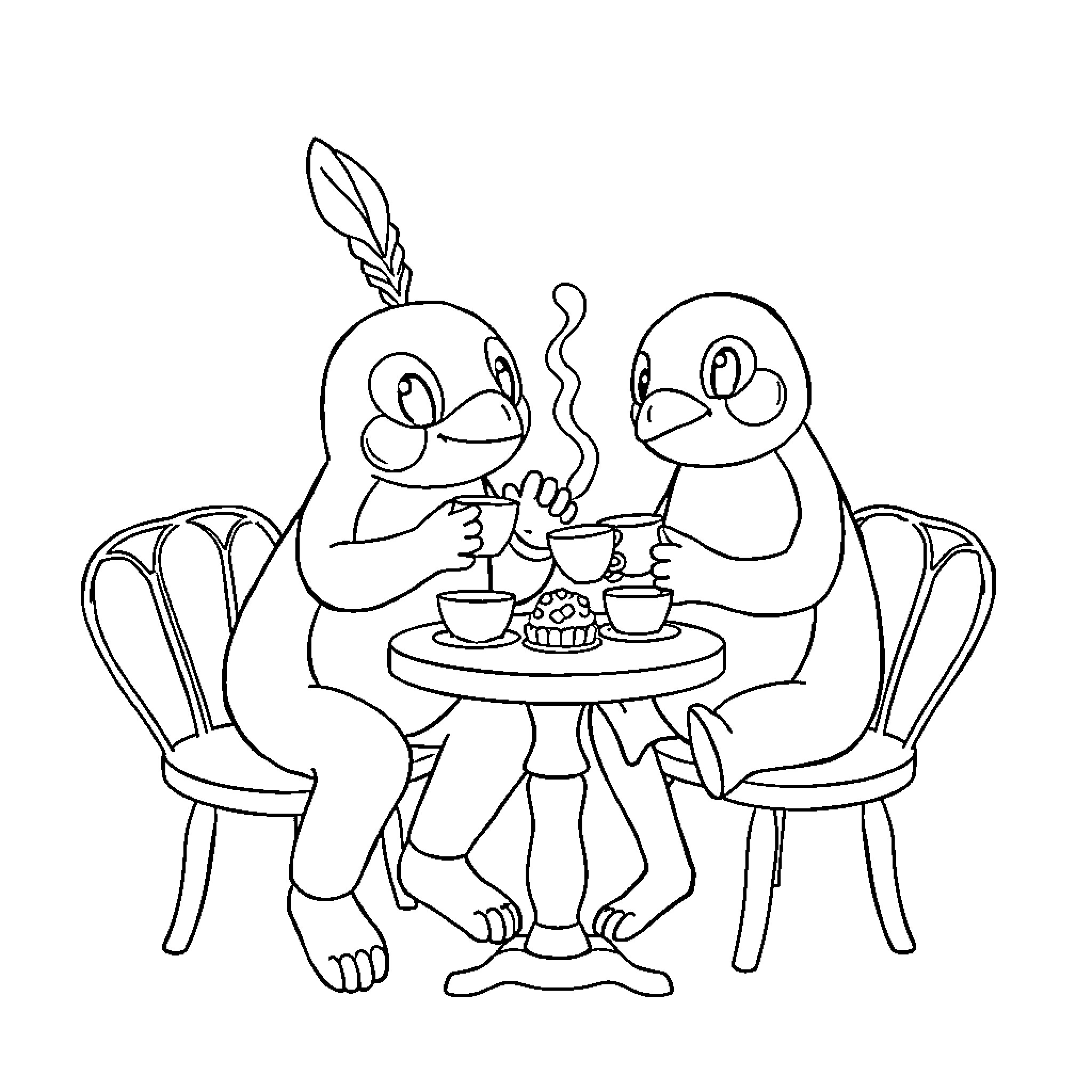 Mando Penguins Enjoying Tea Time Together Coloring Page (free black-and-white line drawing printable PDF for all, from beginners to advanced learners, including children, teens, adults, and seniors)