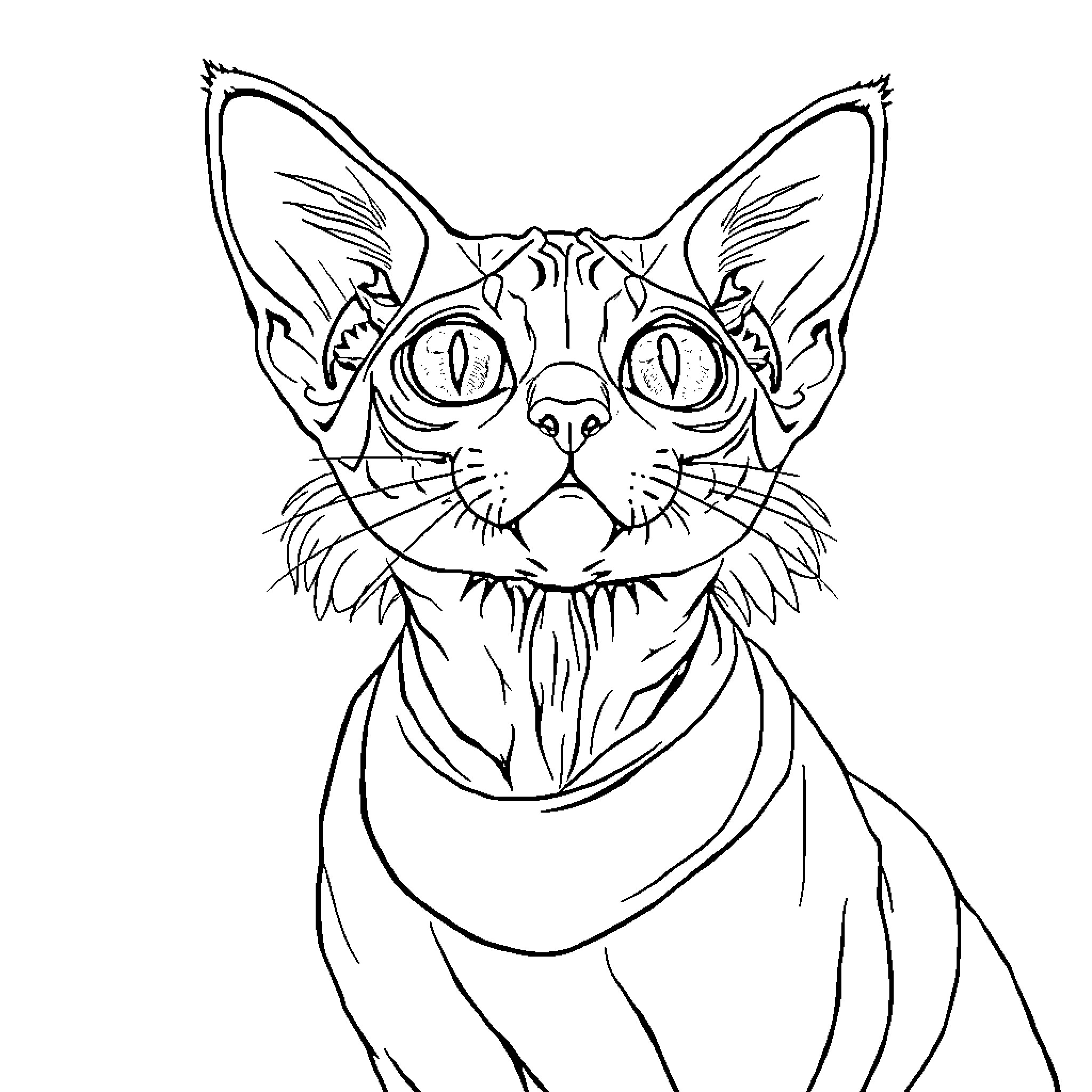 Cat with Intriguing Eyes and Expressive Features Coloring Page (free black-and-white line drawing printable PDF for all, from beginners to advanced learners, including children, teens, adults, and seniors)