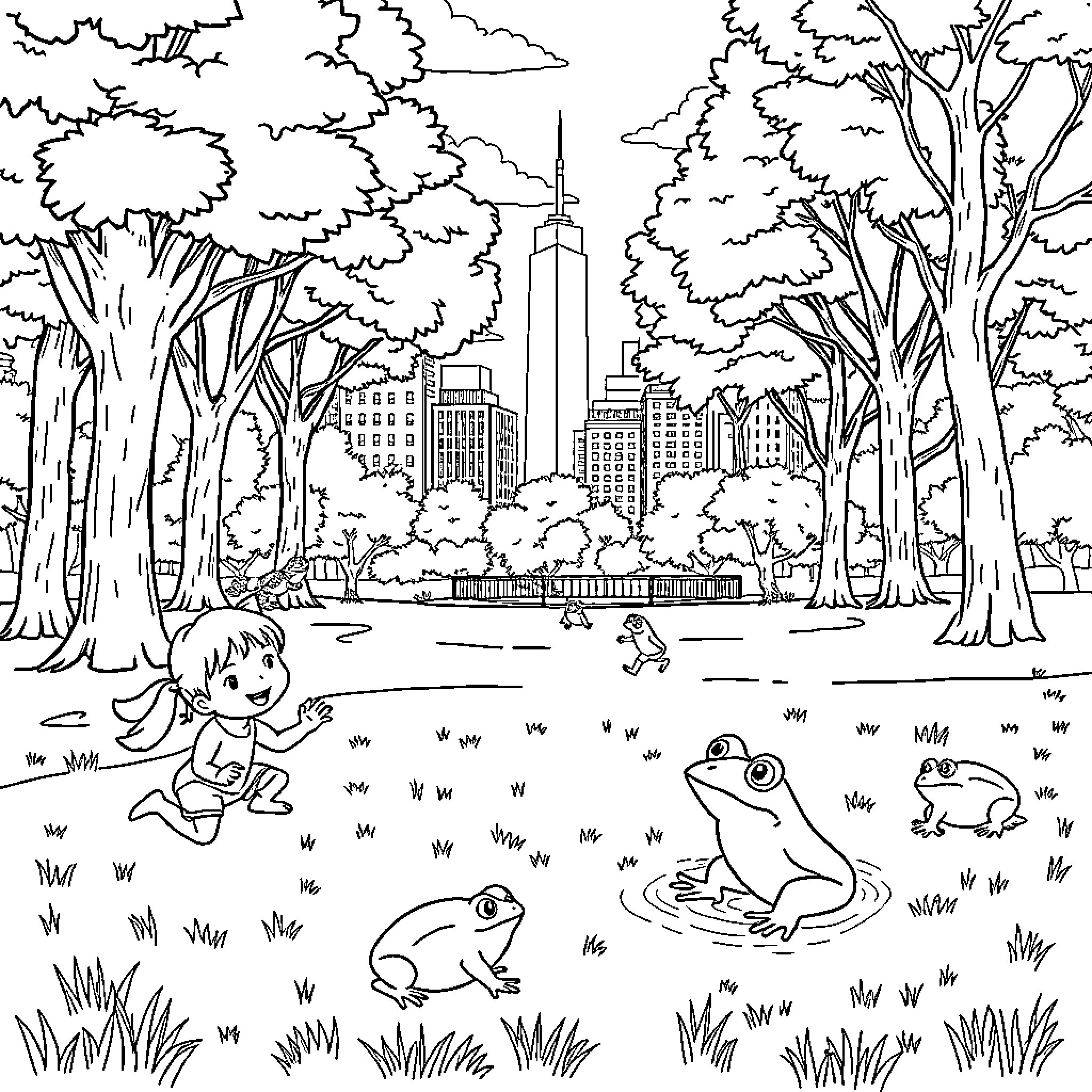 Frog friends explore the city park Coloring Page (free black-and-white line drawing printable PDF for all, from beginners to advanced learners, including children, teens, adults, and seniors)