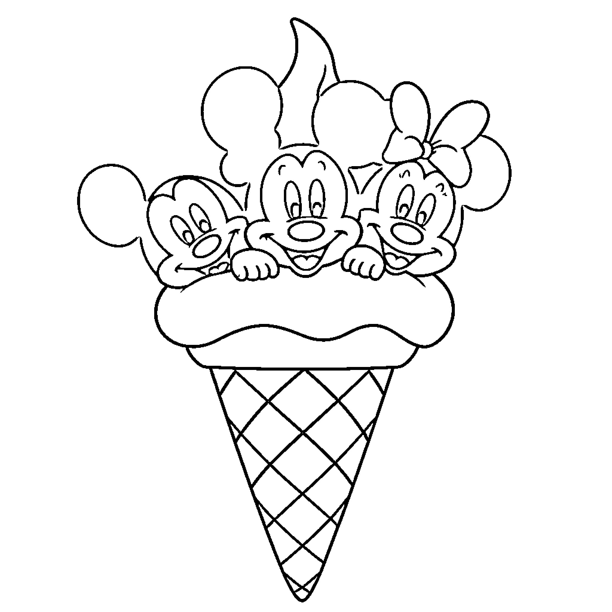 Ice Cream with Cartoon Characters Coloring Page (free black-and-white line drawing printable PDF for all, from beginners to advanced learners, including children, teens, adults, and seniors)