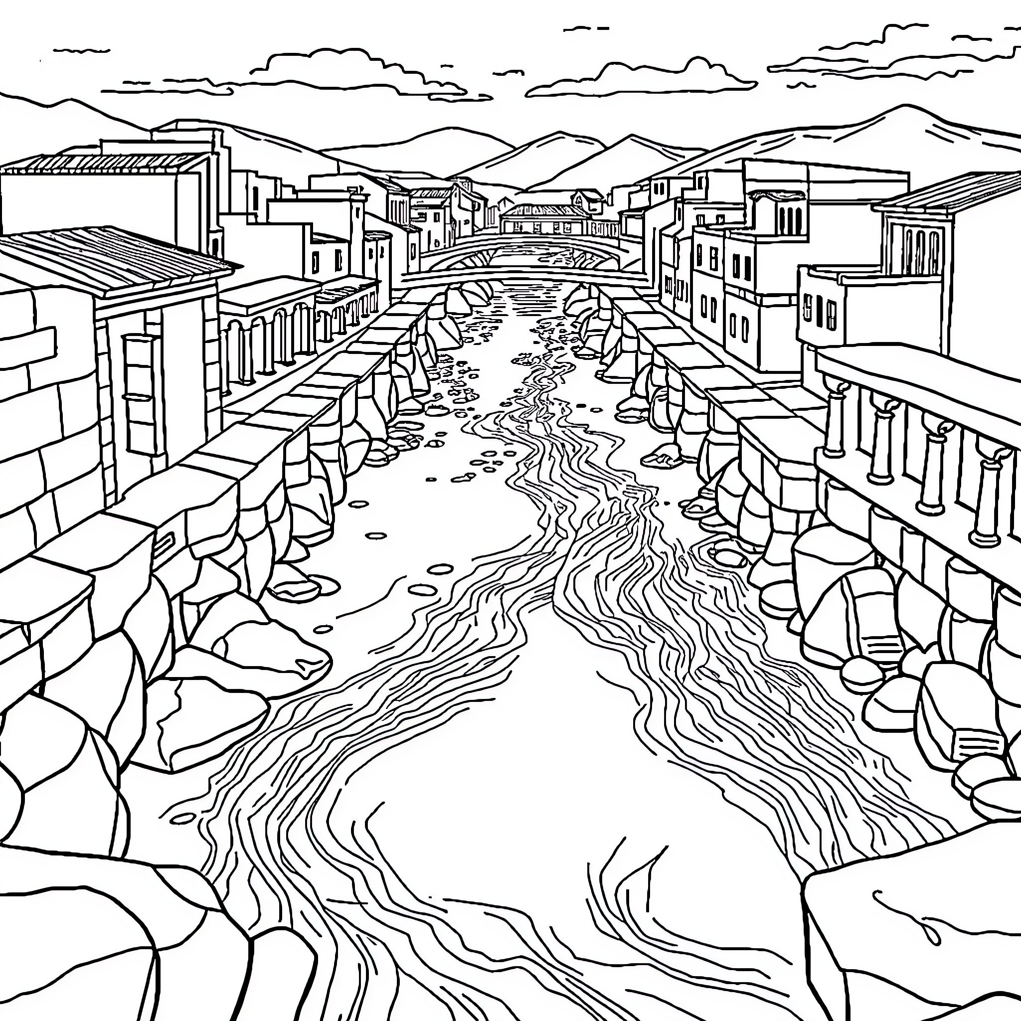 Waterway through the ancient city Coloring Page (free black-and-white line drawing printable PDF for all, from beginners to advanced learners, including children, teens, adults, and seniors)