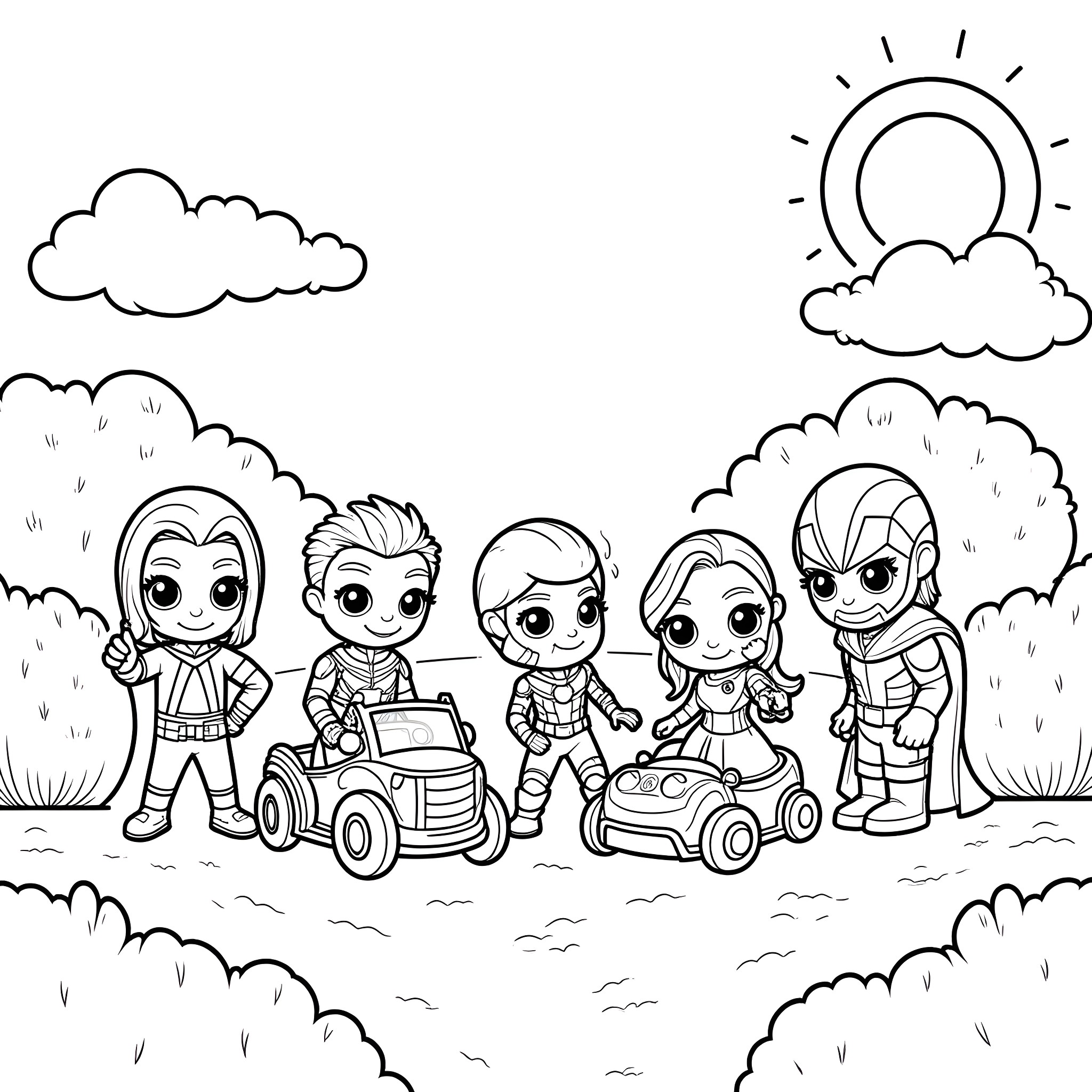 Avenger superheroes in action with vehicles Coloring Page (free black-and-white line drawing printable PDF for all, from beginners to advanced learners, including children, teens, adults, and seniors)