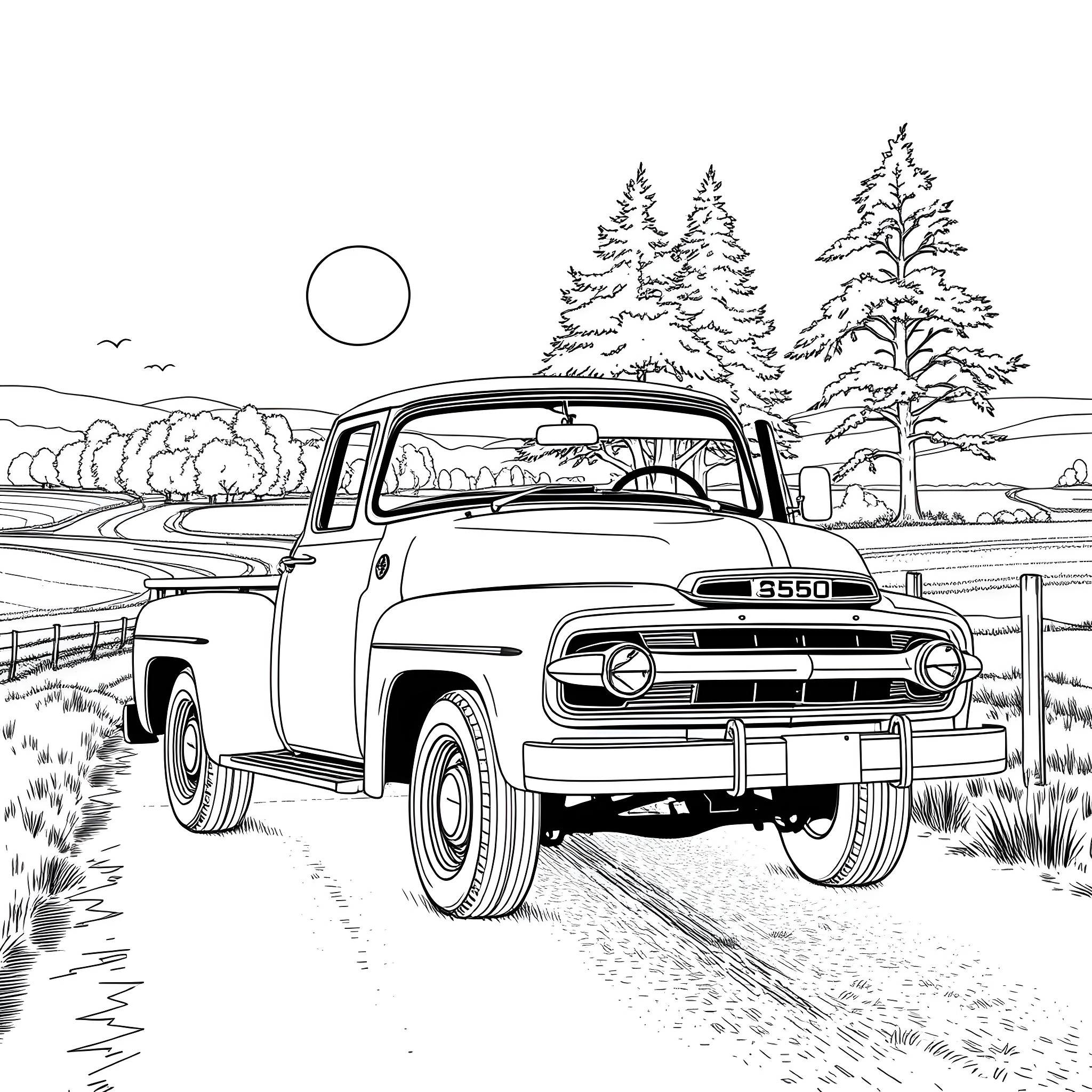 Pickup truck in scenic countryside landscape Coloring Page (free black-and-white line drawing printable PDF for all, from beginners to advanced learners, including children, teens, adults, and seniors)
