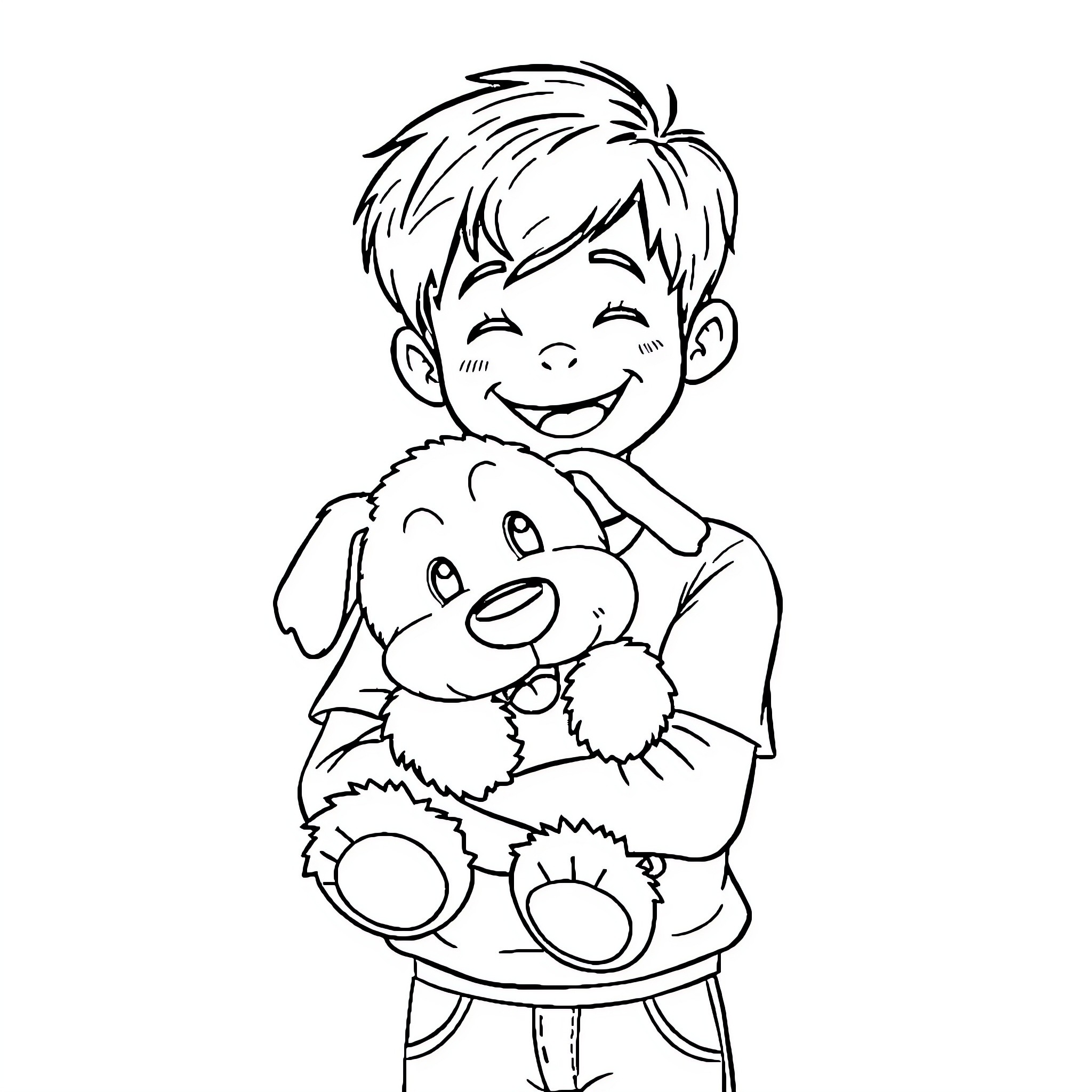Boy playing happily with stuffed dog toy Coloring Page (free black-and-white line drawing printable PDF for all, from beginners to advanced learners, including children, teens, adults, and seniors)