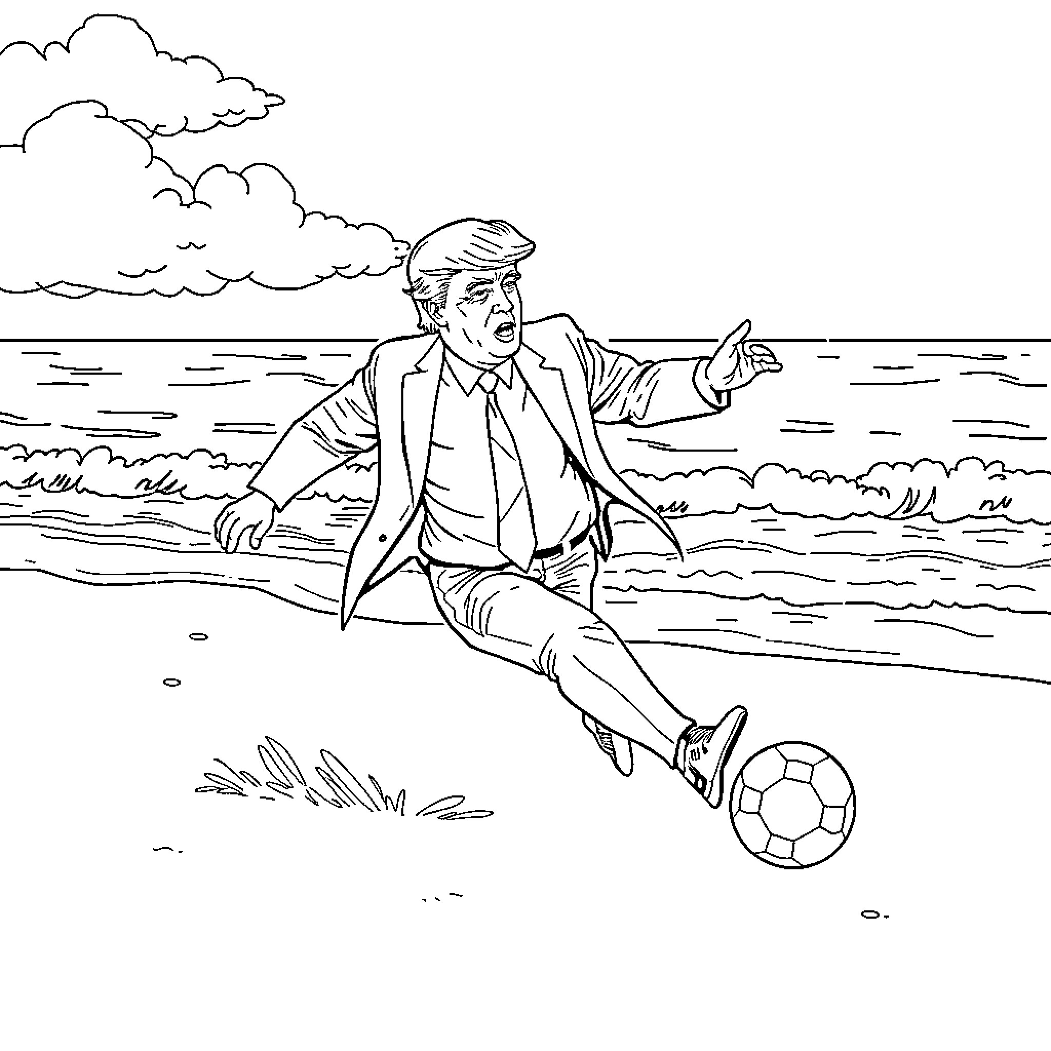 Donald Trump kicking a soccer ball on the beach Coloring Page (free black-and-white line drawing printable PDF for all, from beginners to advanced learners, including children, teens, adults, and seniors)