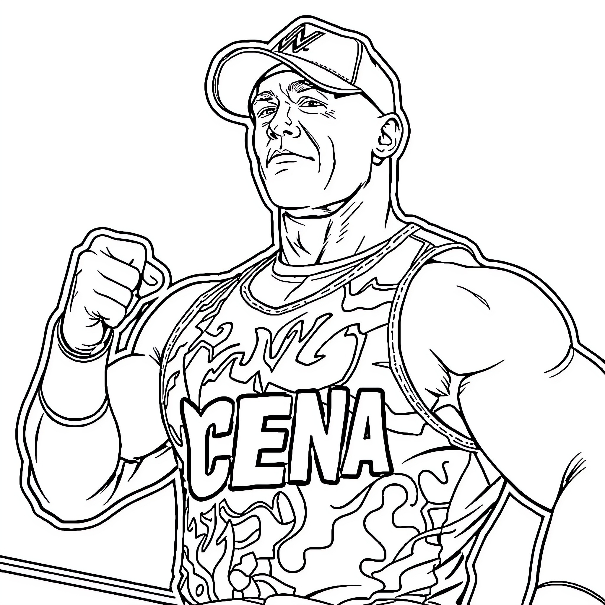 John Cena striking wrestler's pose in uniform Coloring Page (free black-and-white line drawing printable PDF for all, from beginners to advanced learners, including children, teens, adults, and seniors)