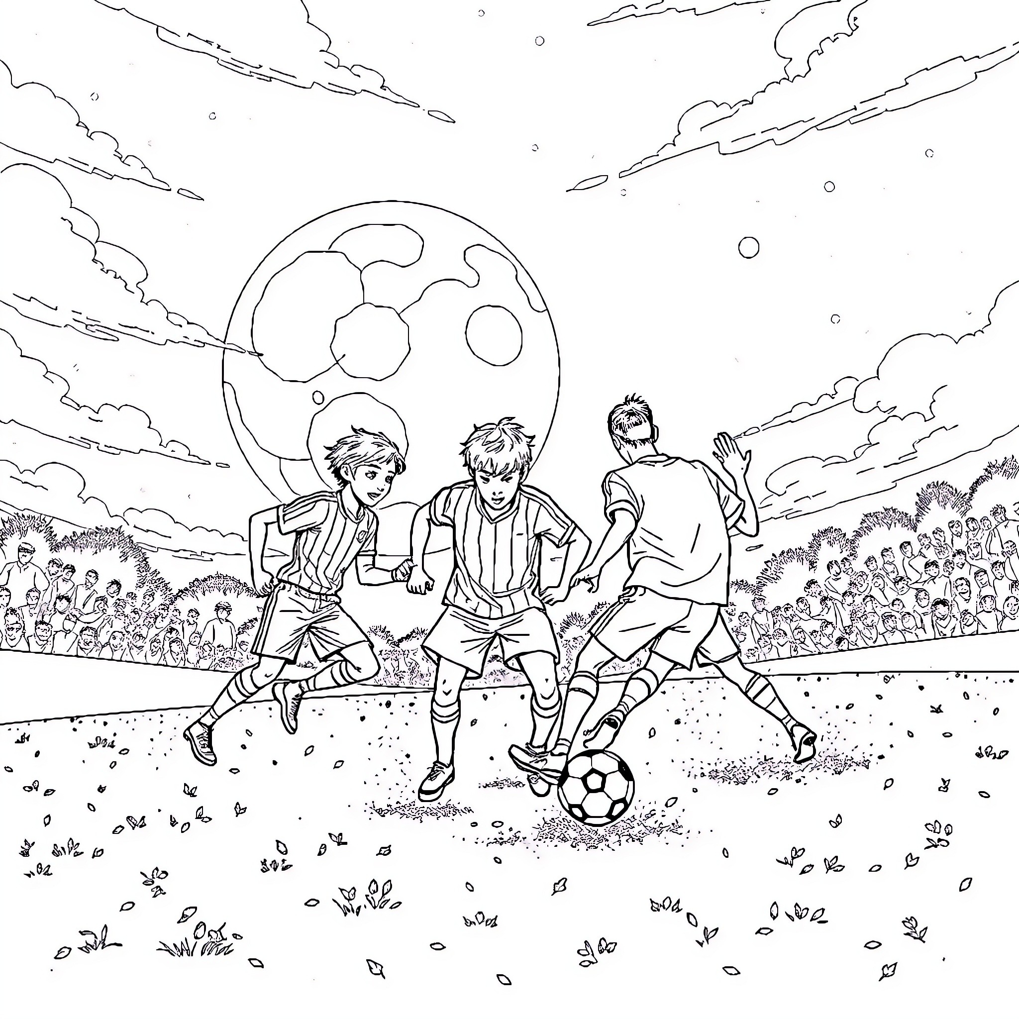 Personnage Bleulock Playing Soccer on the Field Coloring Page (free black-and-white line drawing printable PDF for all, from beginners to advanced learners, including children, teens, adults, and seniors)