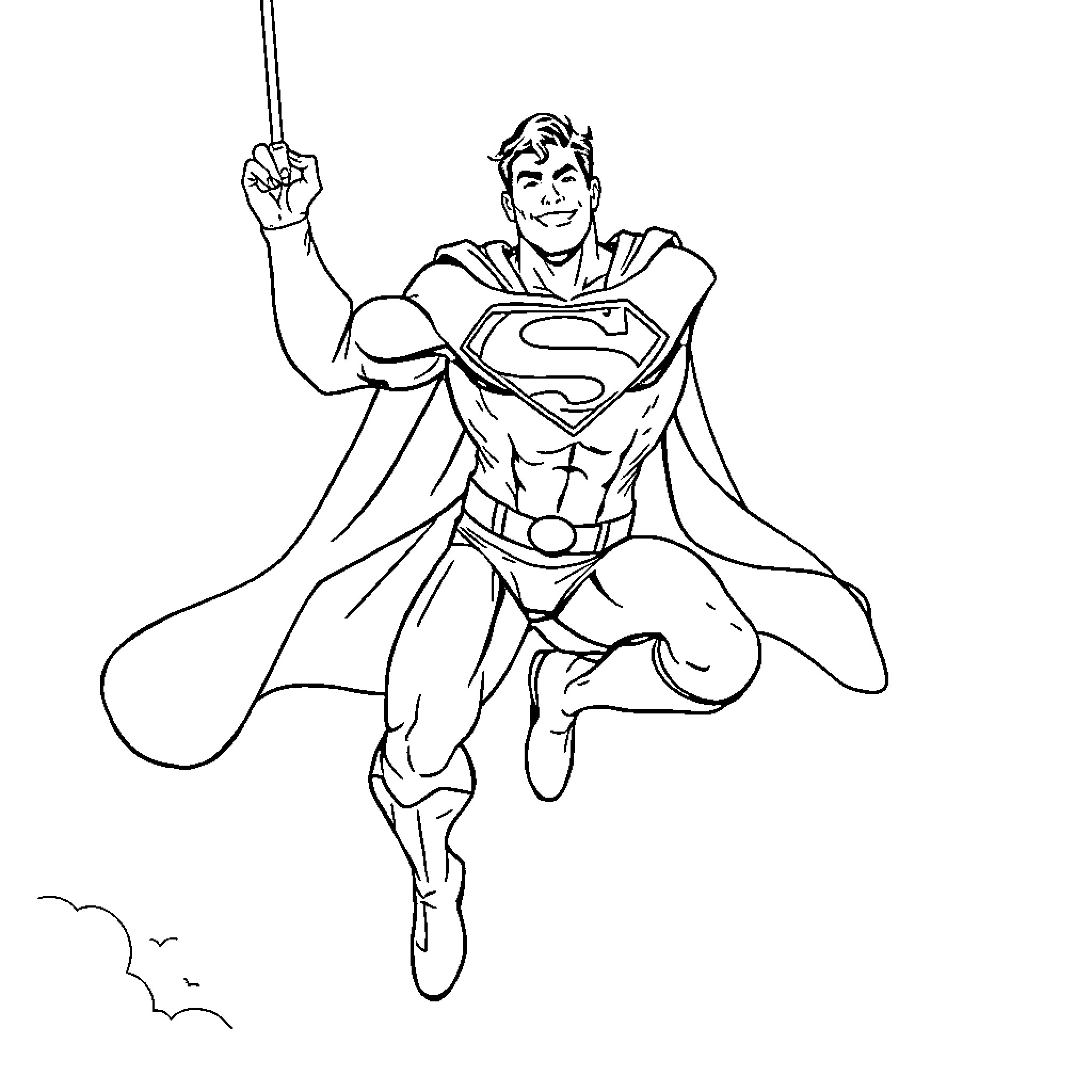 Superman heroically leaping into action Coloring Page (free black-and-white line drawing printable PDF for all, from beginners to advanced learners, including children, teens, adults, and seniors)