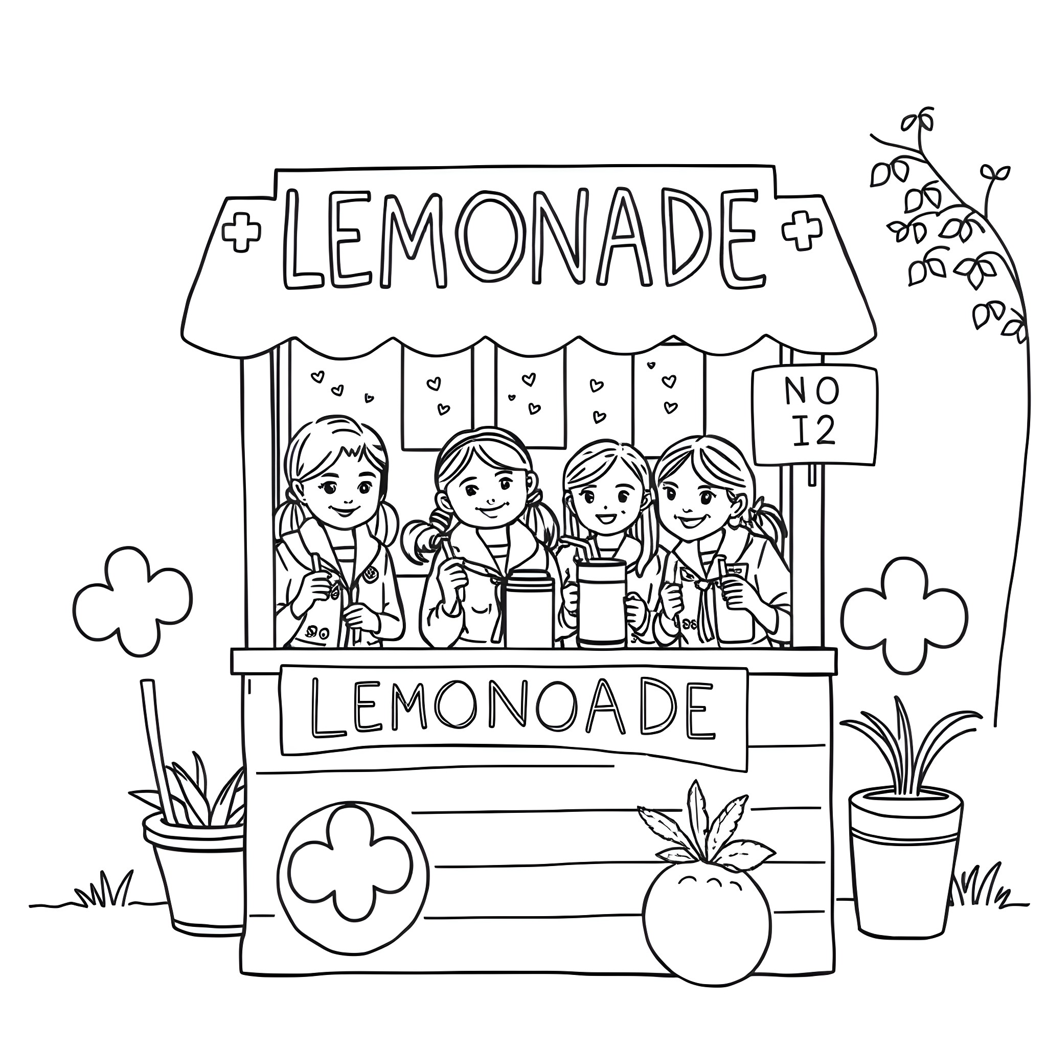 Girl Scout Lemonade Stand with Cheerful Helpers Coloring Page (free black-and-white line drawing printable PDF for all, from beginners to advanced learners, including children, teens, adults, and seniors)