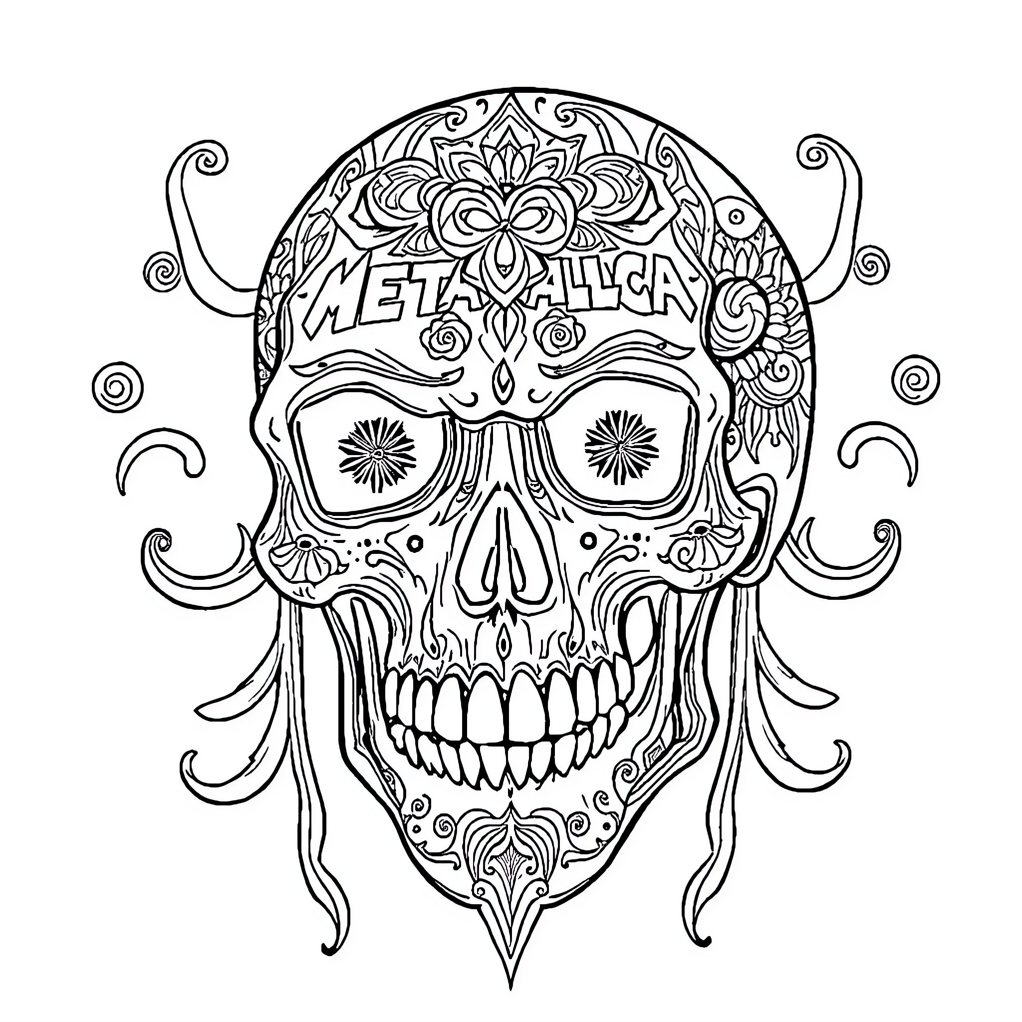 Skull with intricate floral patterns and text Coloring Page (free black-and-white line drawing printable PDF for all, from beginners to advanced learners, including children, teens, adults, and seniors)