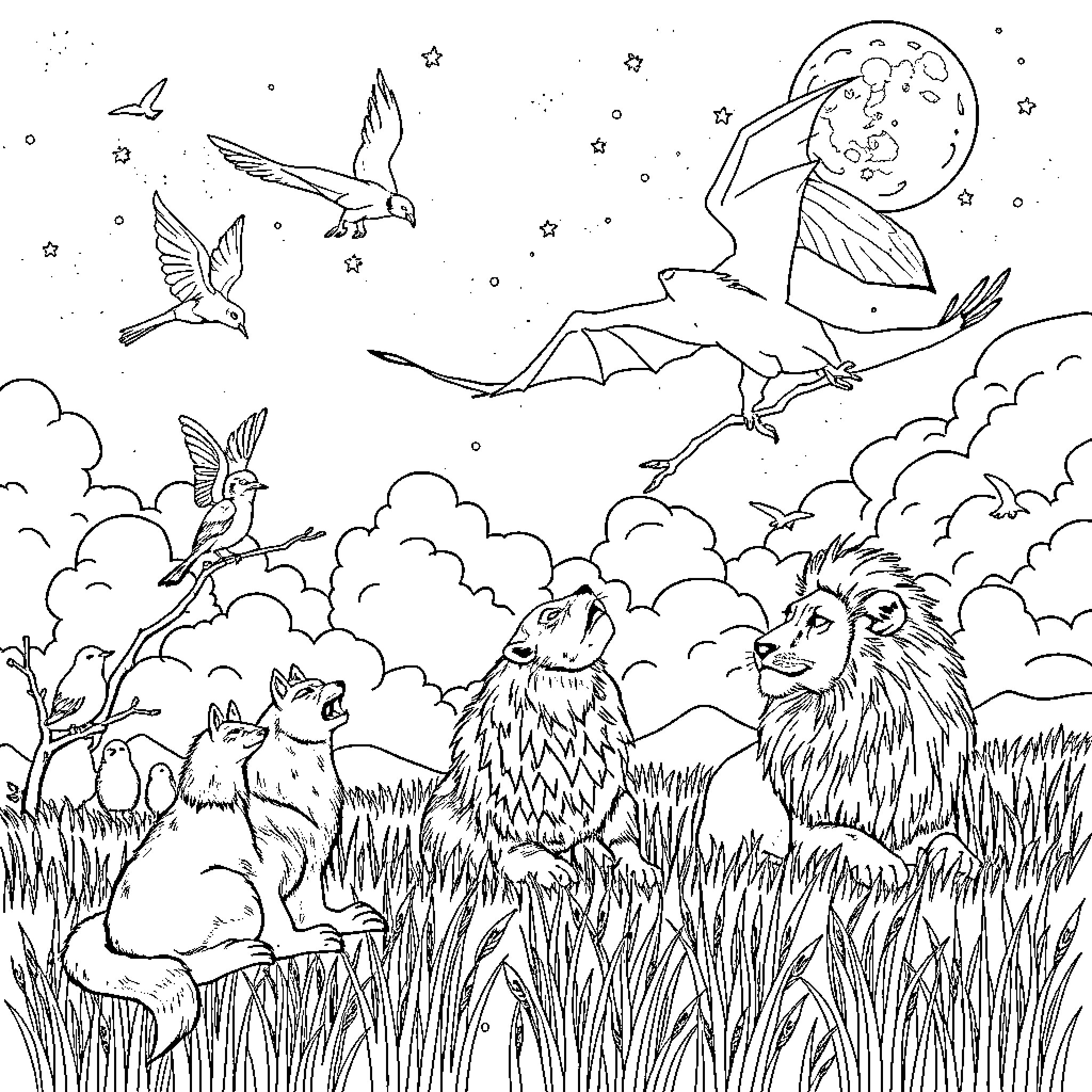 Dragon creatures flying and roaming in fantastical landscape Coloring Page (free black-and-white line drawing printable PDF for all, from beginners to advanced learners, including children, teens, adults, and seniors)