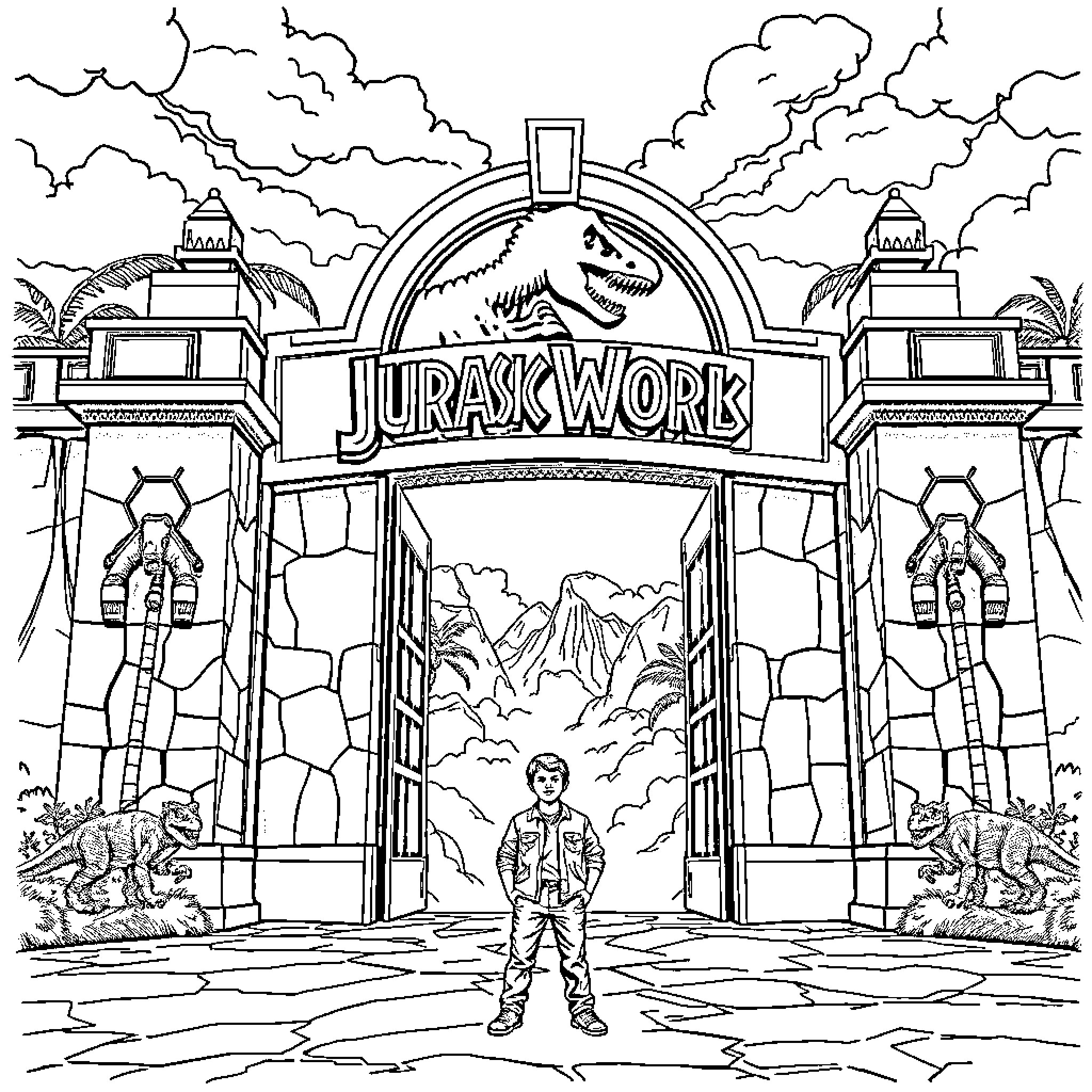 Jurassic World: Entrance to the Dinosaur Theme Park Coloring Page (free black-and-white line drawing printable PDF for all, from beginners to advanced learners, including children, teens, adults, and seniors)