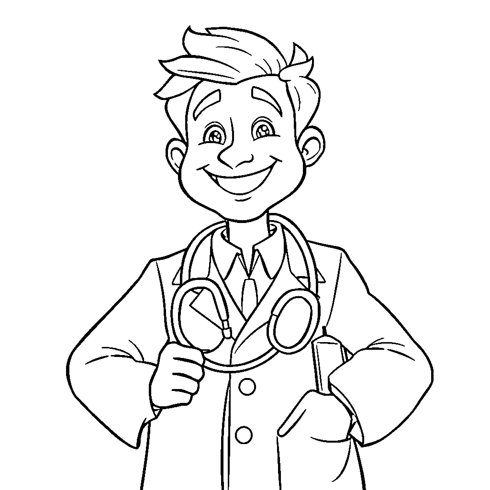 Doctor Smiling Joyfully in Medical Attire Coloring Page (free black-and-white line drawing printable PDF for all, from beginners to advanced learners, including children, teens, adults, and seniors)