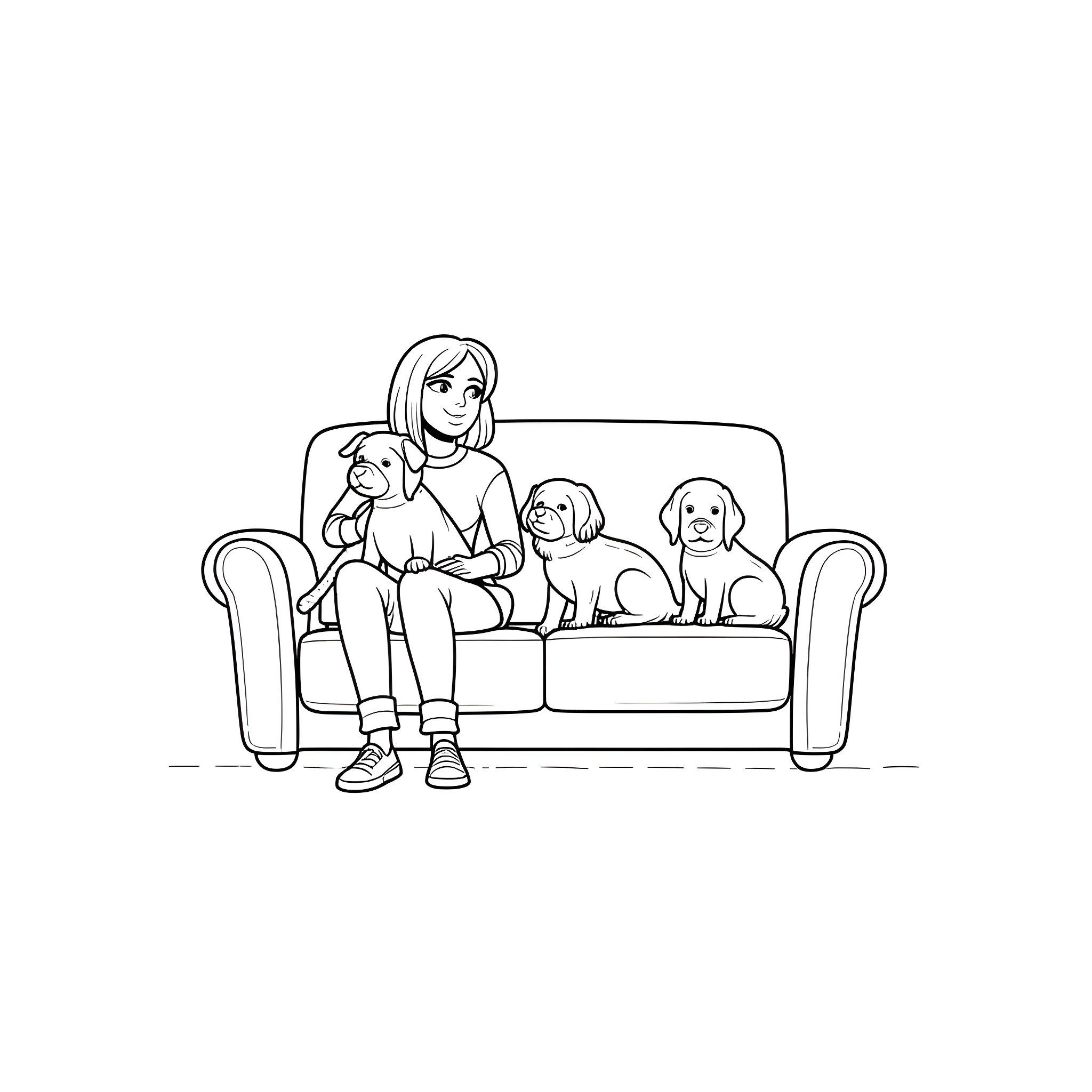Mom spending quality time with her children and pets Coloring Page (free black-and-white line drawing printable PDF for all, from beginners to advanced learners, including children, teens, adults, and seniors)