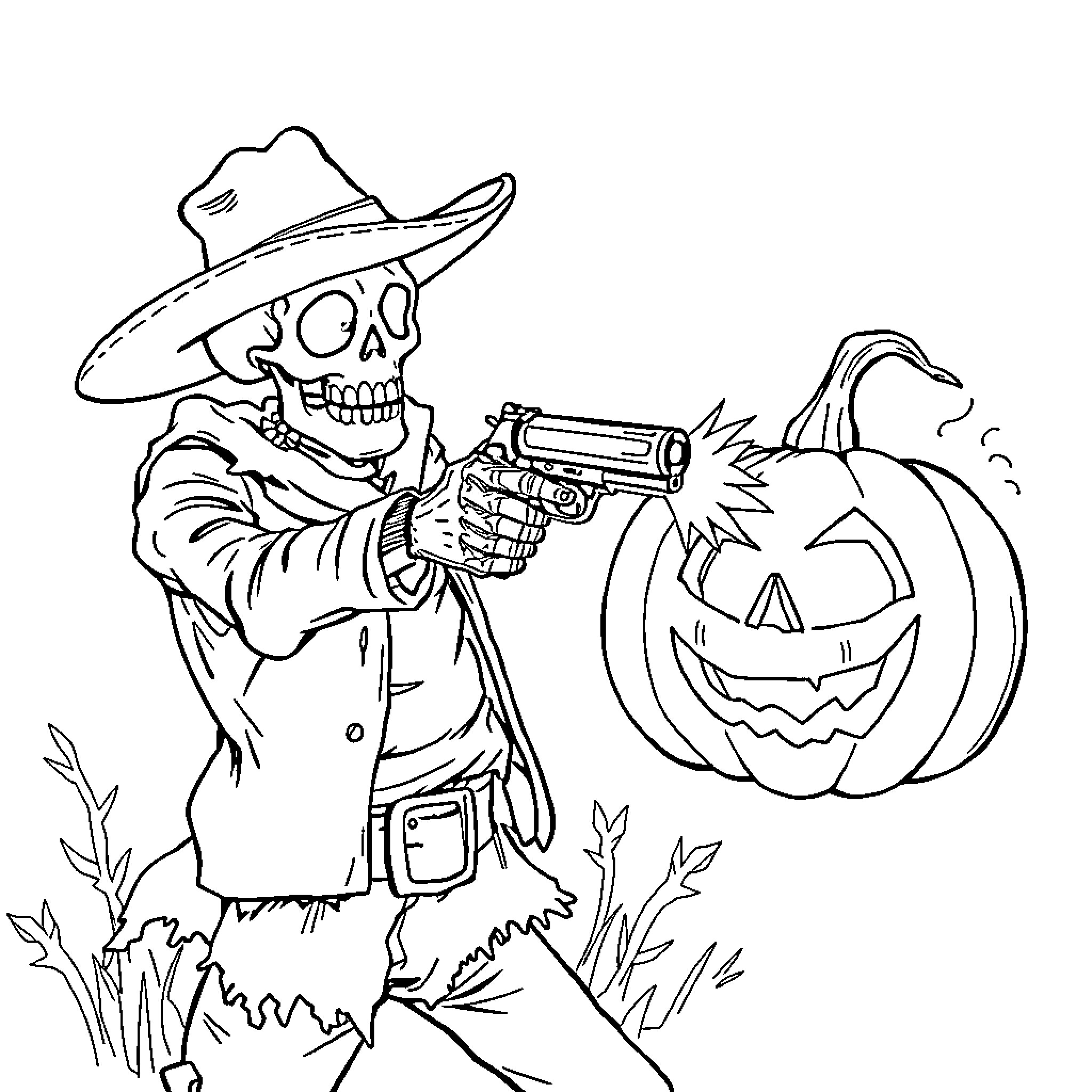Skeleton cowboy aiming gun at jack-o'-lantern Coloring Page (free black-and-white line drawing printable PDF for all, from beginners to advanced learners, including children, teens, adults, and seniors)