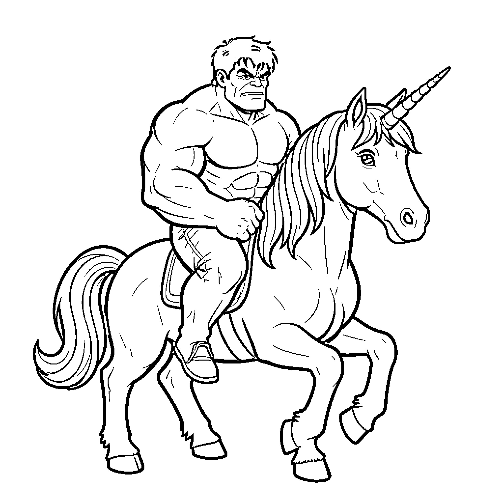 Hulk riding a majestic unicorn with a serious expression Coloring Page (free black-and-white line drawing printable PDF for all, from beginners to advanced learners, including children, teens, adults, and seniors)