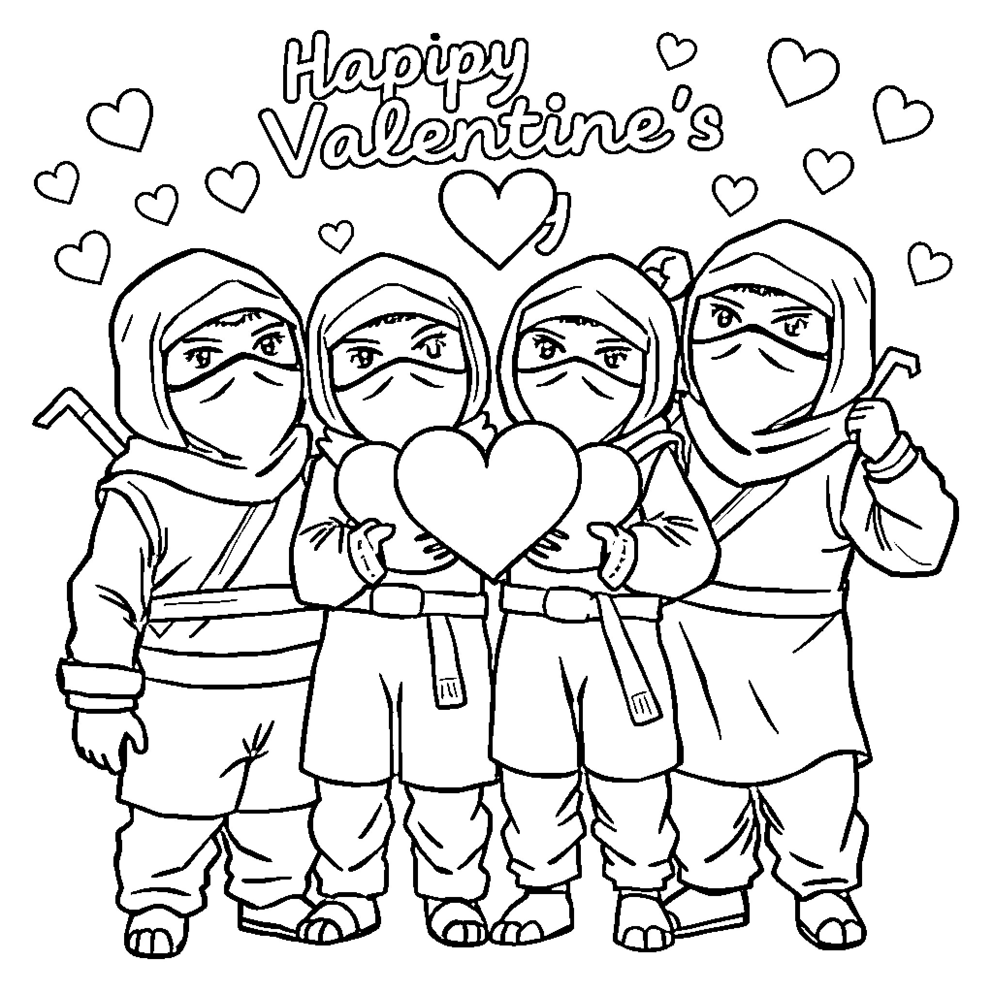 Ninja Warriors Celebrating Valentine's Day Coloring Page (free black-and-white line drawing printable PDF for all, from beginners to advanced learners, including children, teens, adults, and seniors)