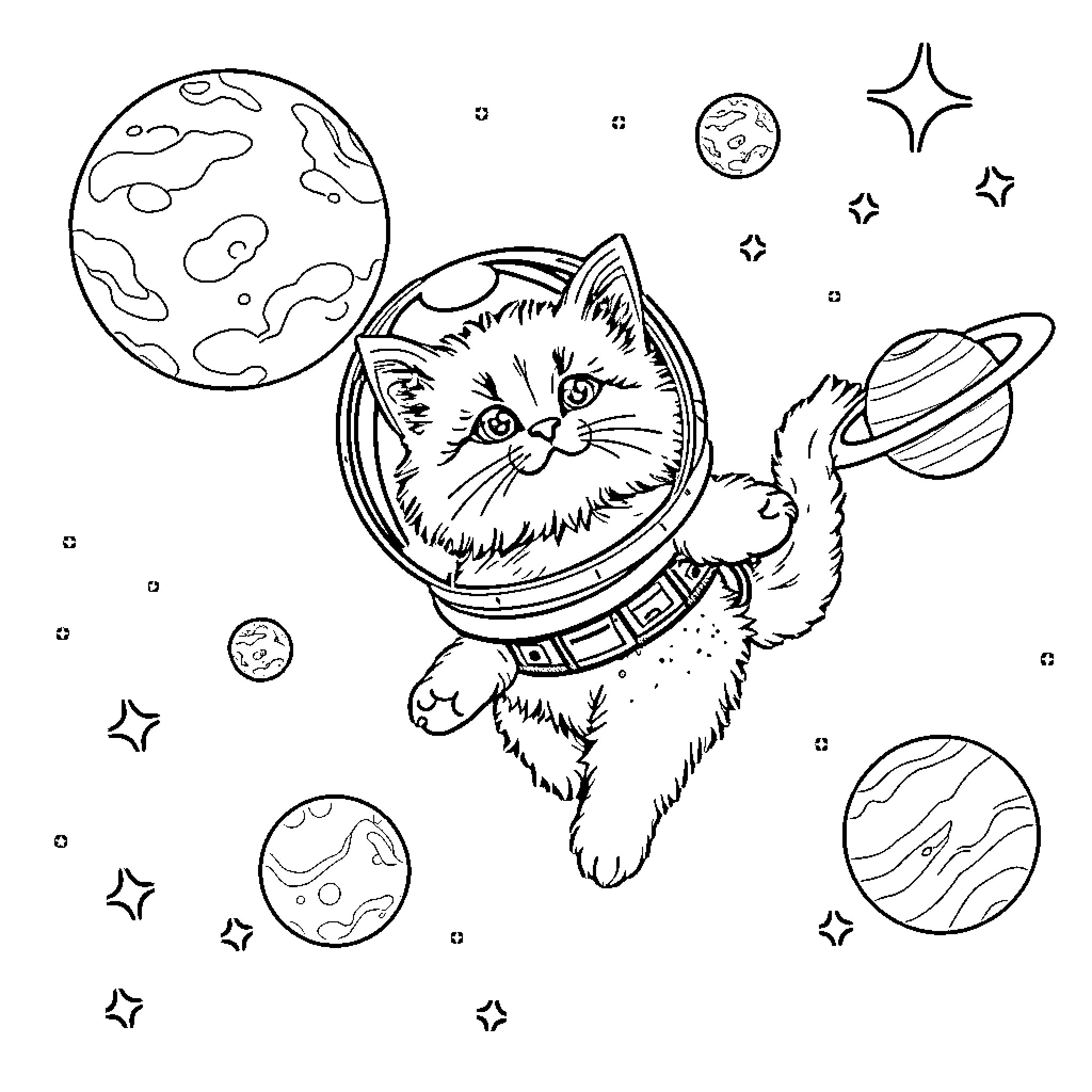 Cat exploring the celestial universe Coloring Page (free black-and-white line drawing printable PDF for all, from beginners to advanced learners, including children, teens, adults, and seniors)