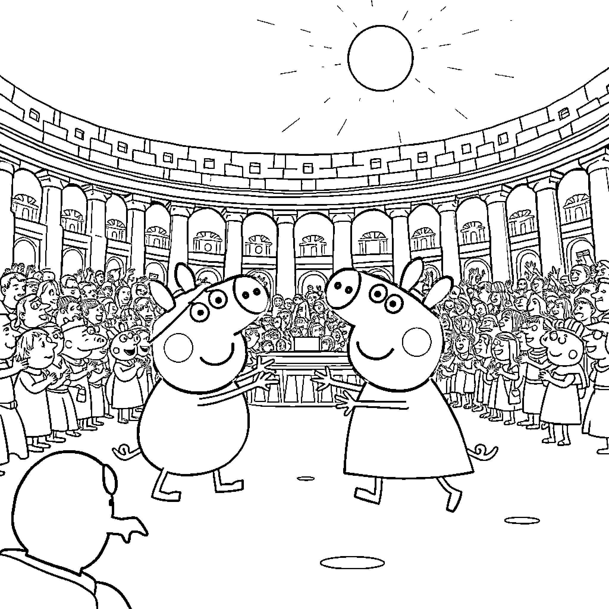 Peppa Pig and friends perform on stage Coloring Page (free black-and-white line drawing printable PDF for all, from beginners to advanced learners, including children, teens, adults, and seniors)