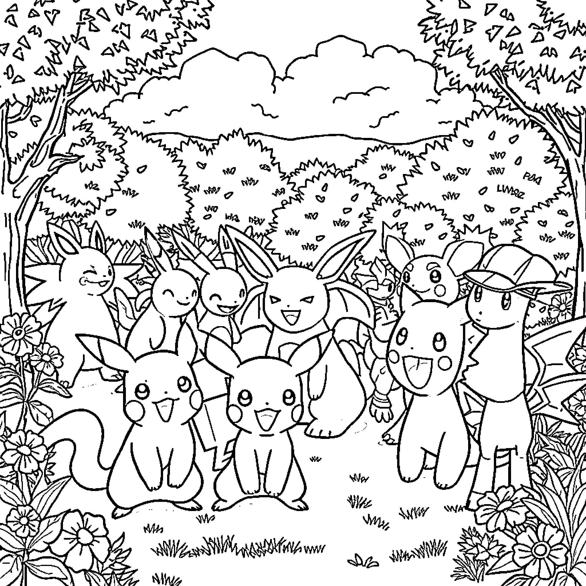 Pokémon characters in a nature scene Coloring Page (free black-and-white line drawing printable PDF for all, from beginners to advanced learners, including children, teens, adults, and seniors)