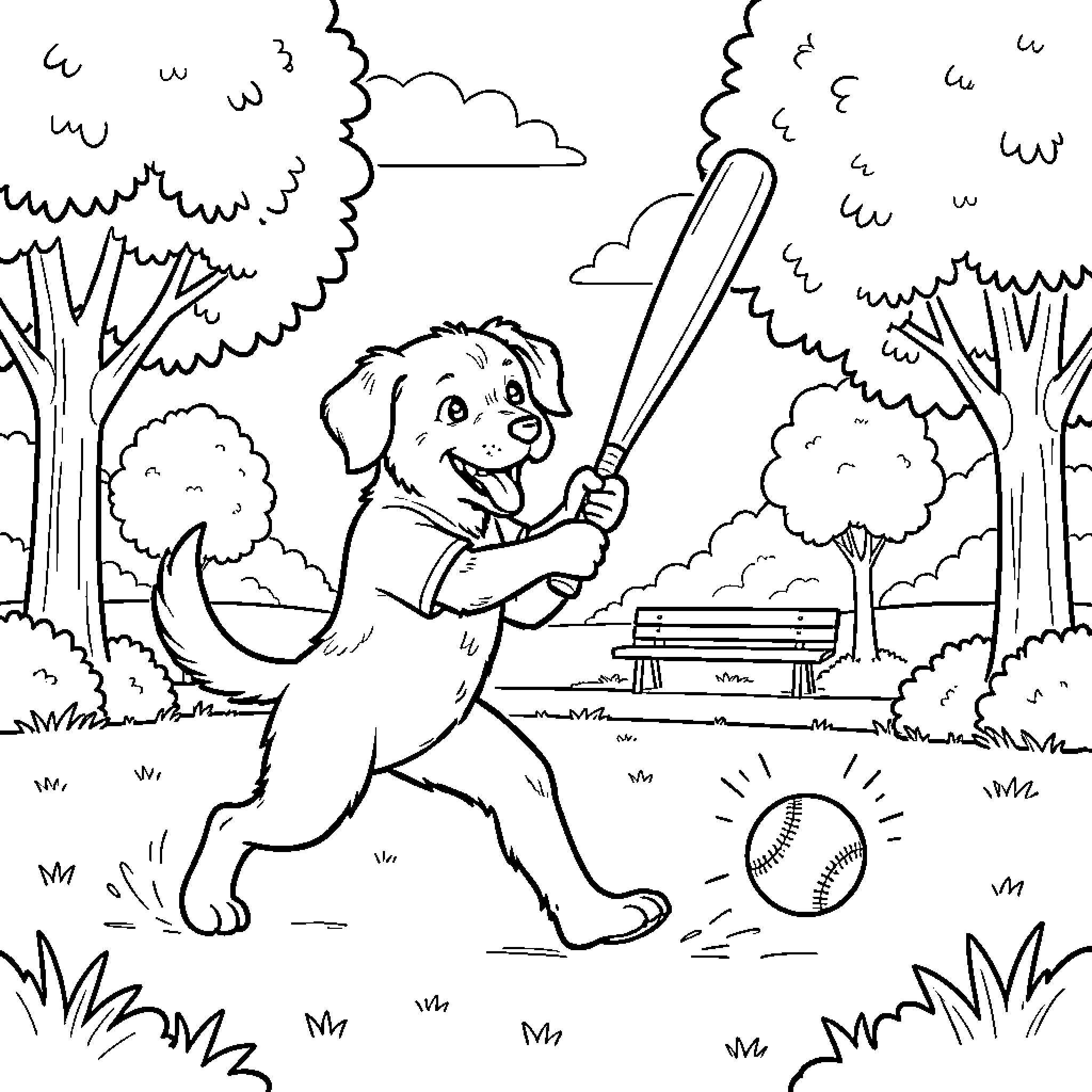 Dog swinging a baseball bat in the park Coloring Page (free black-and-white line drawing printable PDF for all, from beginners to advanced learners, including children, teens, adults, and seniors)