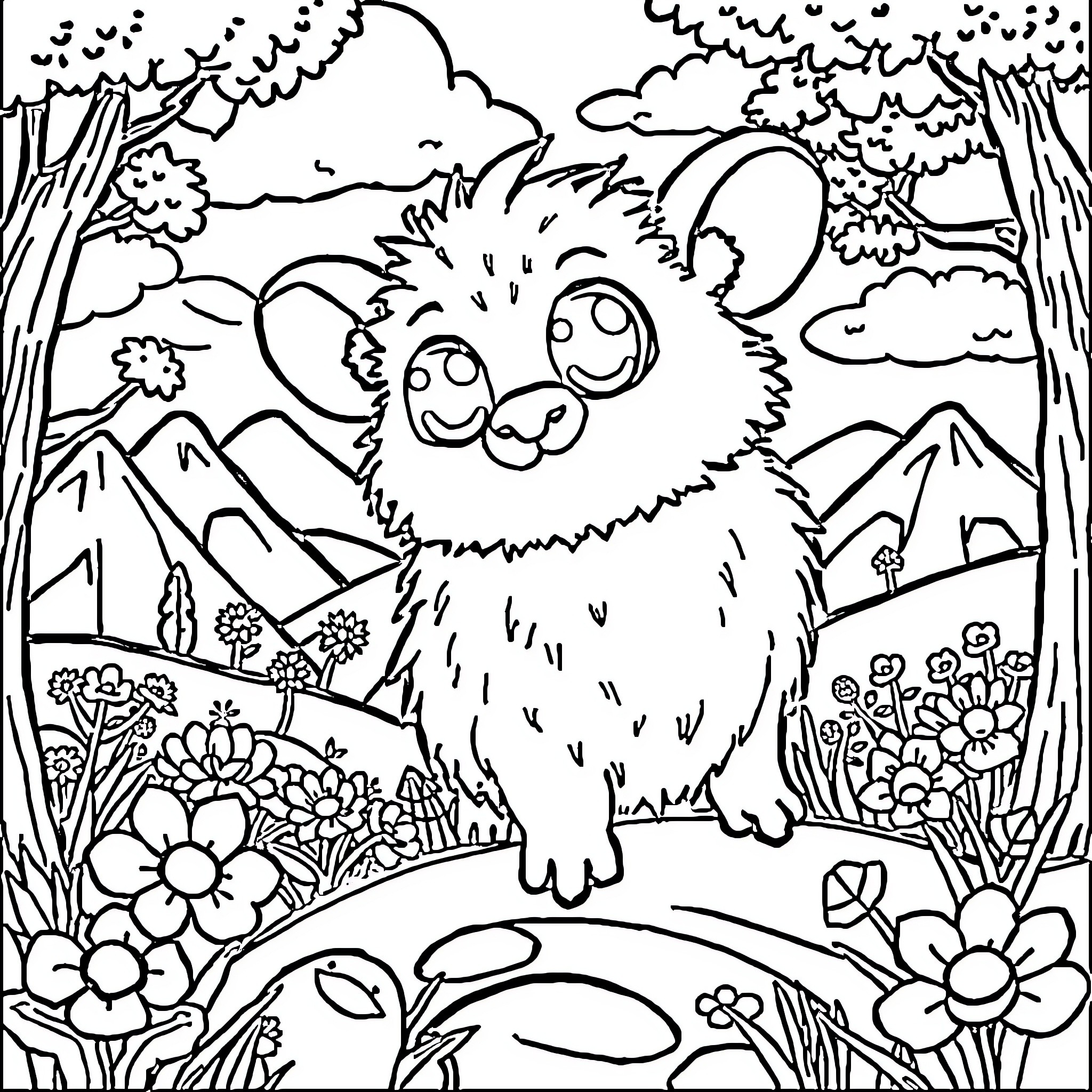 Labubu's Delightful Adventure in the Enchanting Forest Coloring Page (free black-and-white line drawing printable PDF for all, from beginners to advanced learners, including children, teens, adults, and seniors)