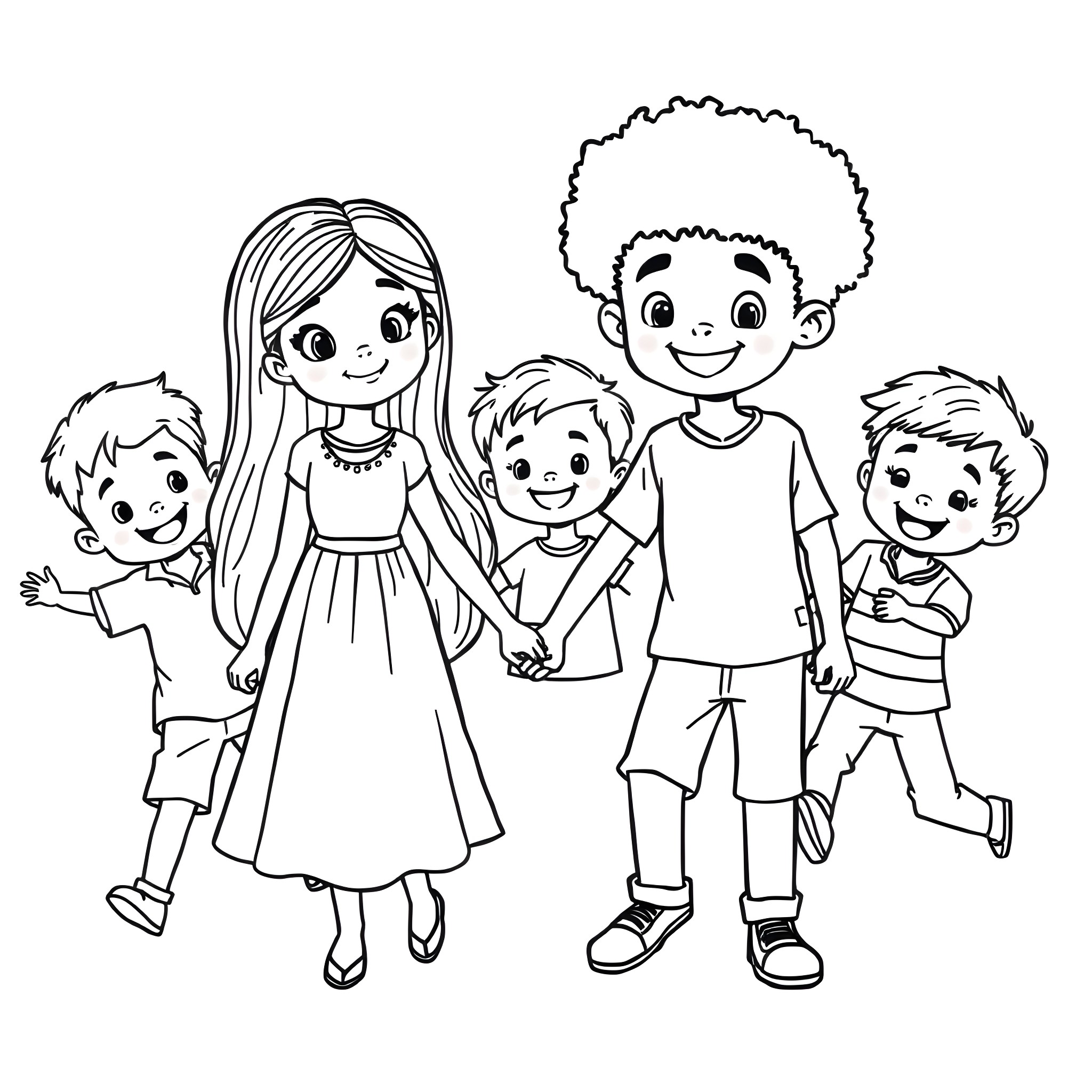 Girl and Boy Enjoying Time with Friends Coloring Page (free black-and-white line drawing printable PDF for all, from beginners to advanced learners, including children, teens, adults, and seniors)