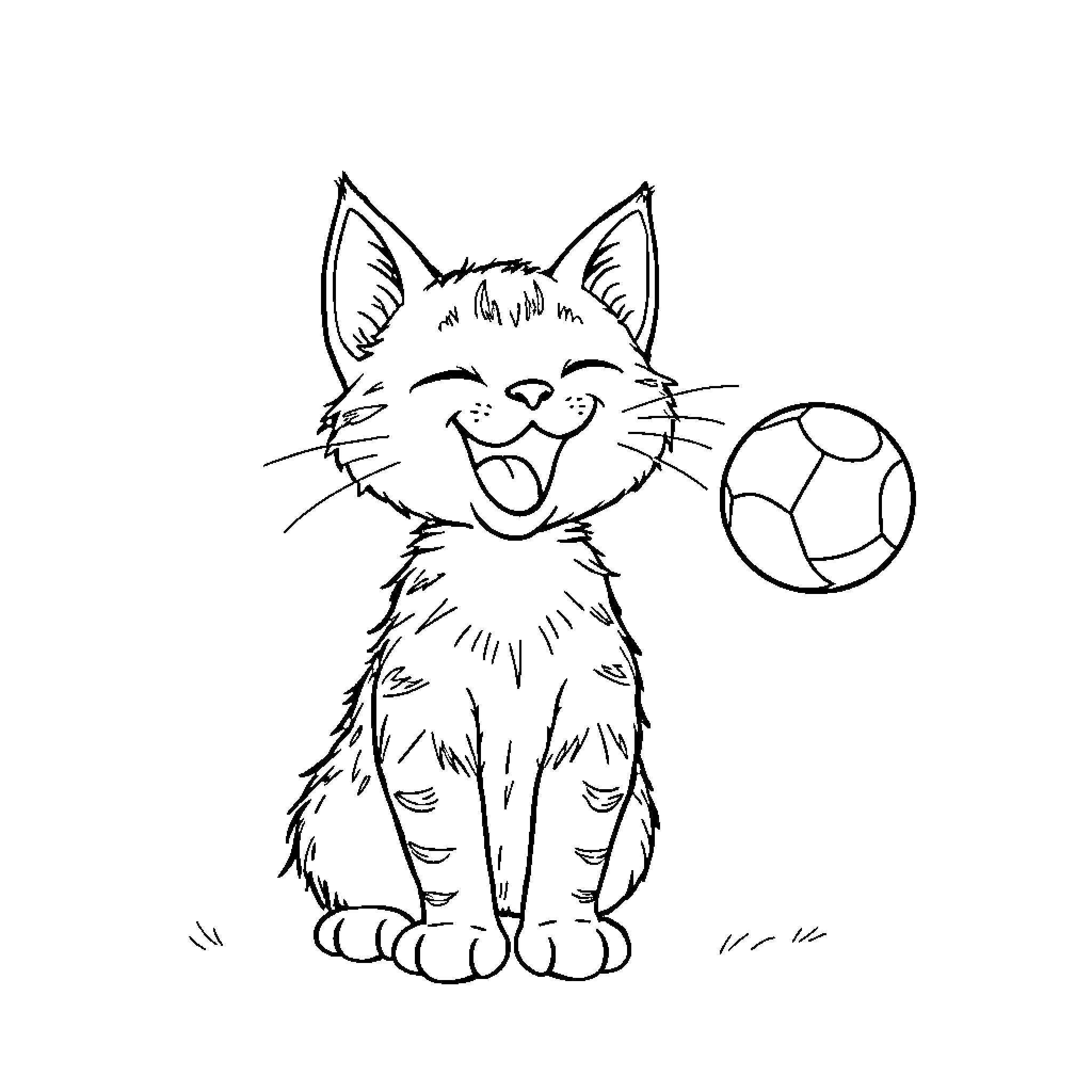 Gato playing joyfully with ball Coloring Page (free black-and-white line drawing printable PDF for all, from beginners to advanced learners, including children, teens, adults, and seniors)