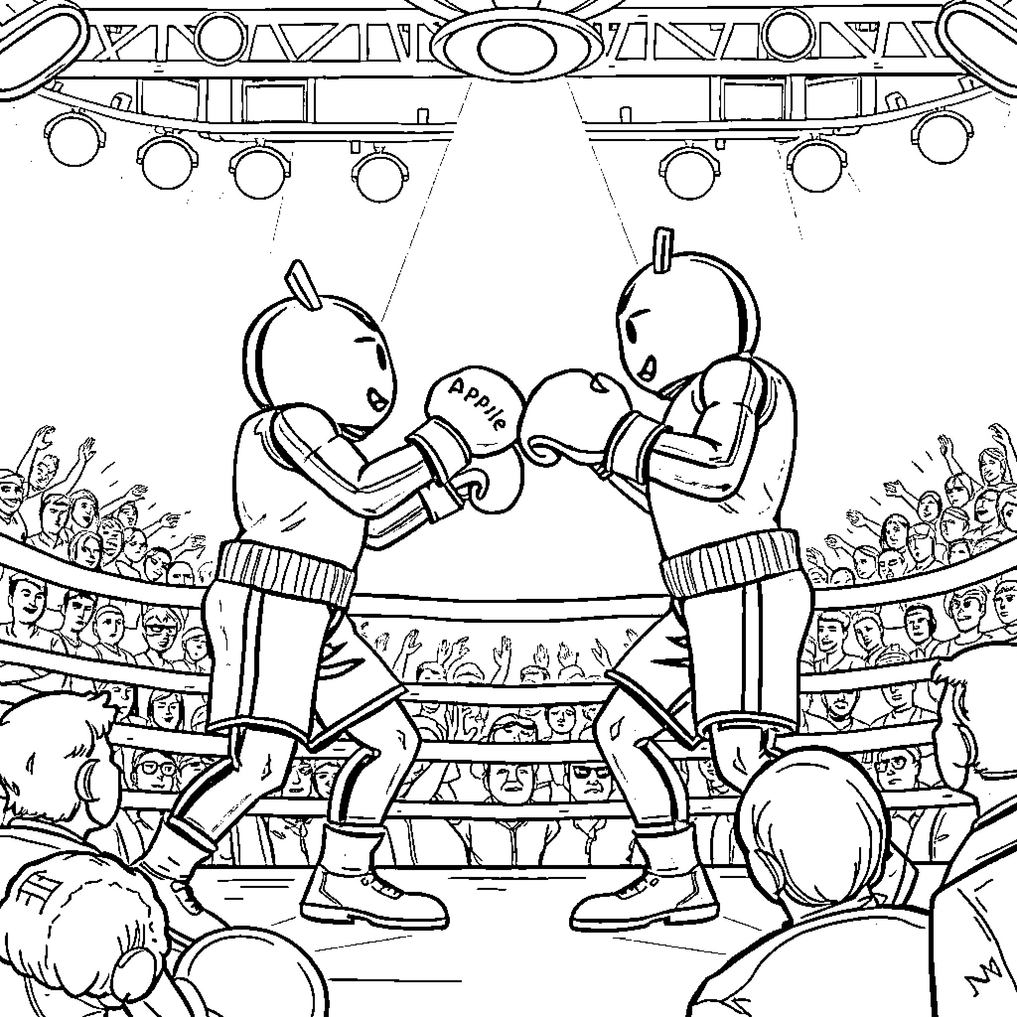 Apple Boxing Match in the Stadium Coloring Page (free black-and-white line drawing printable PDF for all, from beginners to advanced learners, including children, teens, adults, and seniors)